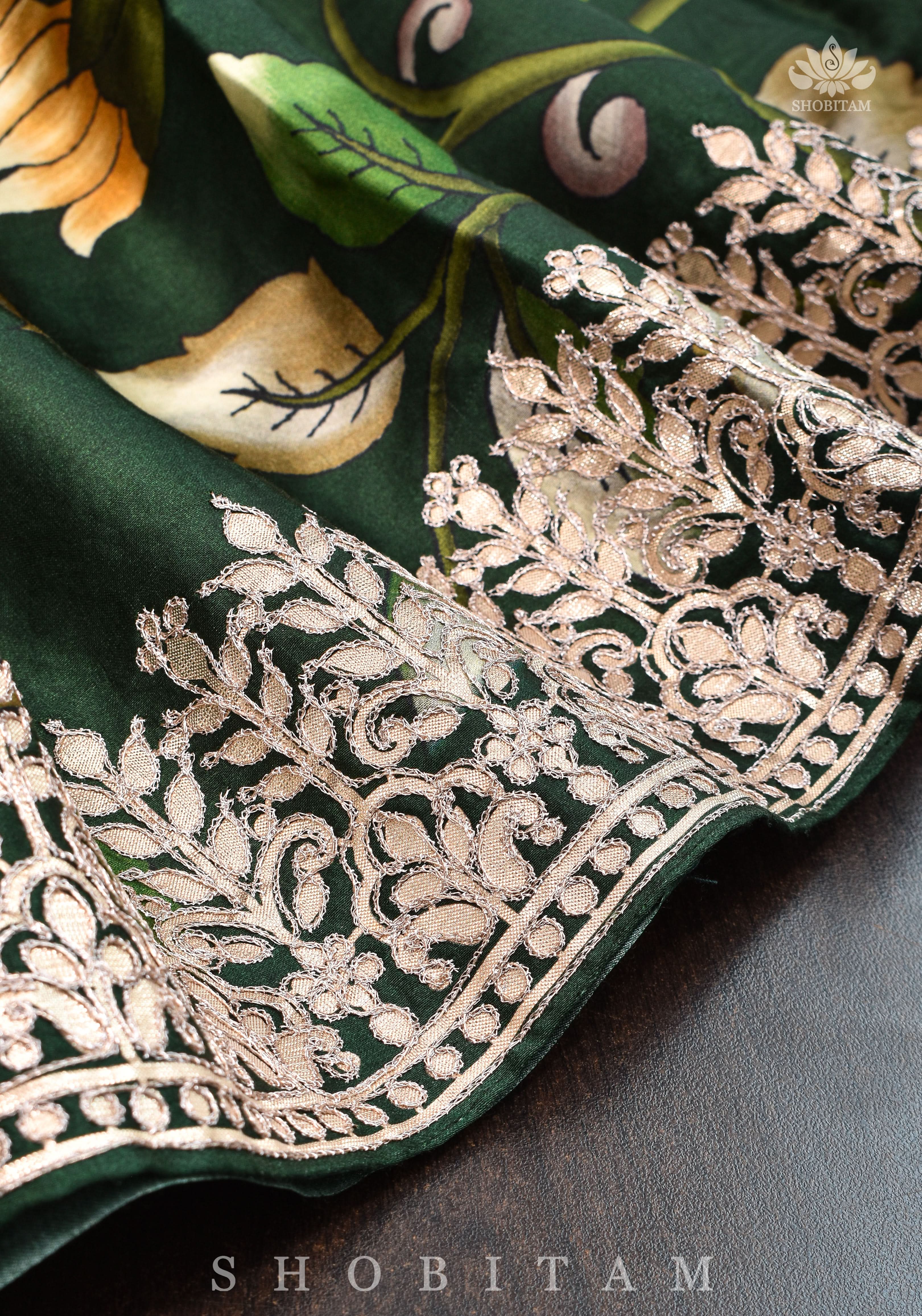 Gajji Silk Saree with Gotta Patti Borders, crushed zari palla and Floral Digital Print | Shobitam