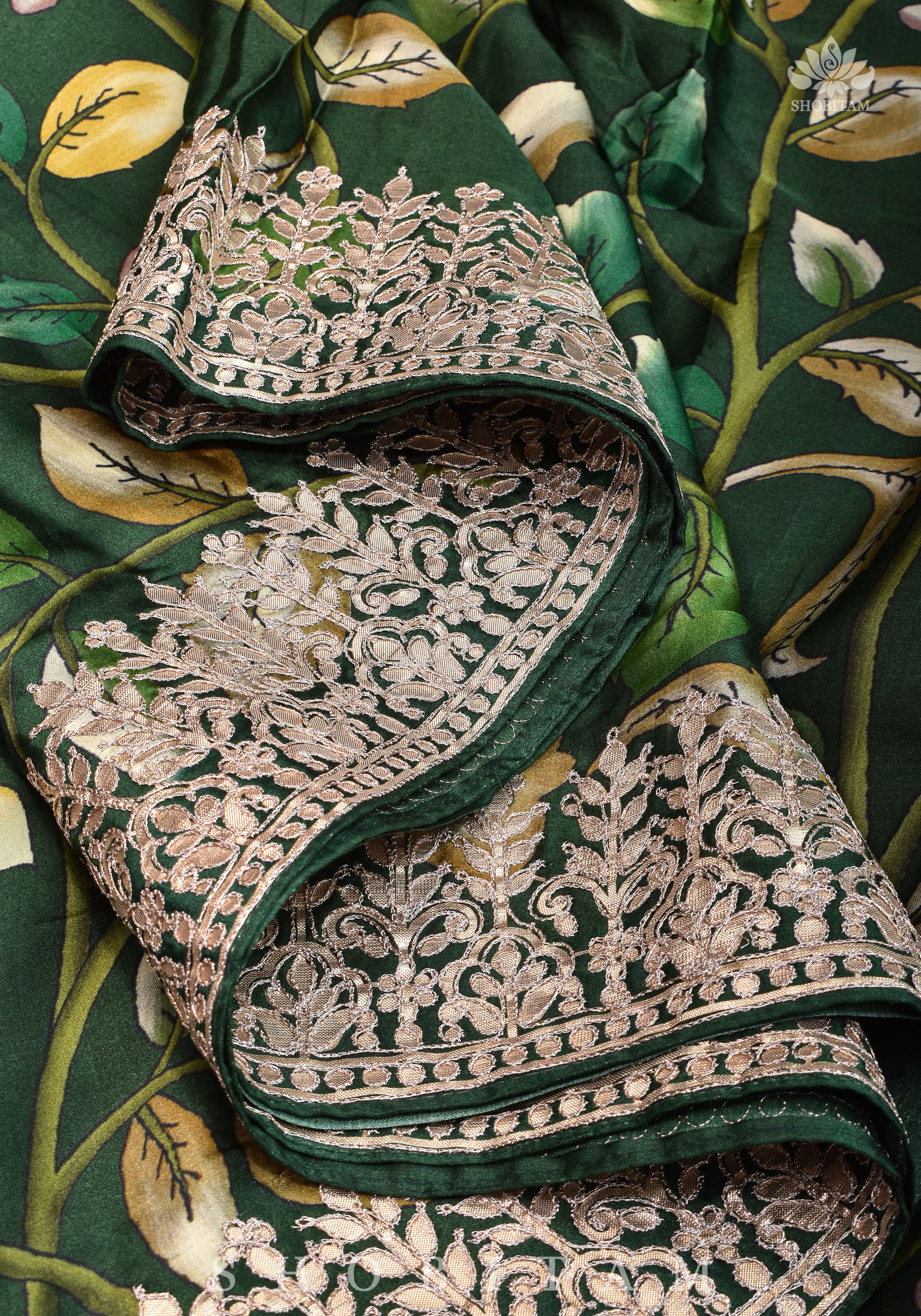 Gajji Silk Saree with Gotta Patti Borders, crushed zari palla and Floral Digital Print | Shobitam
