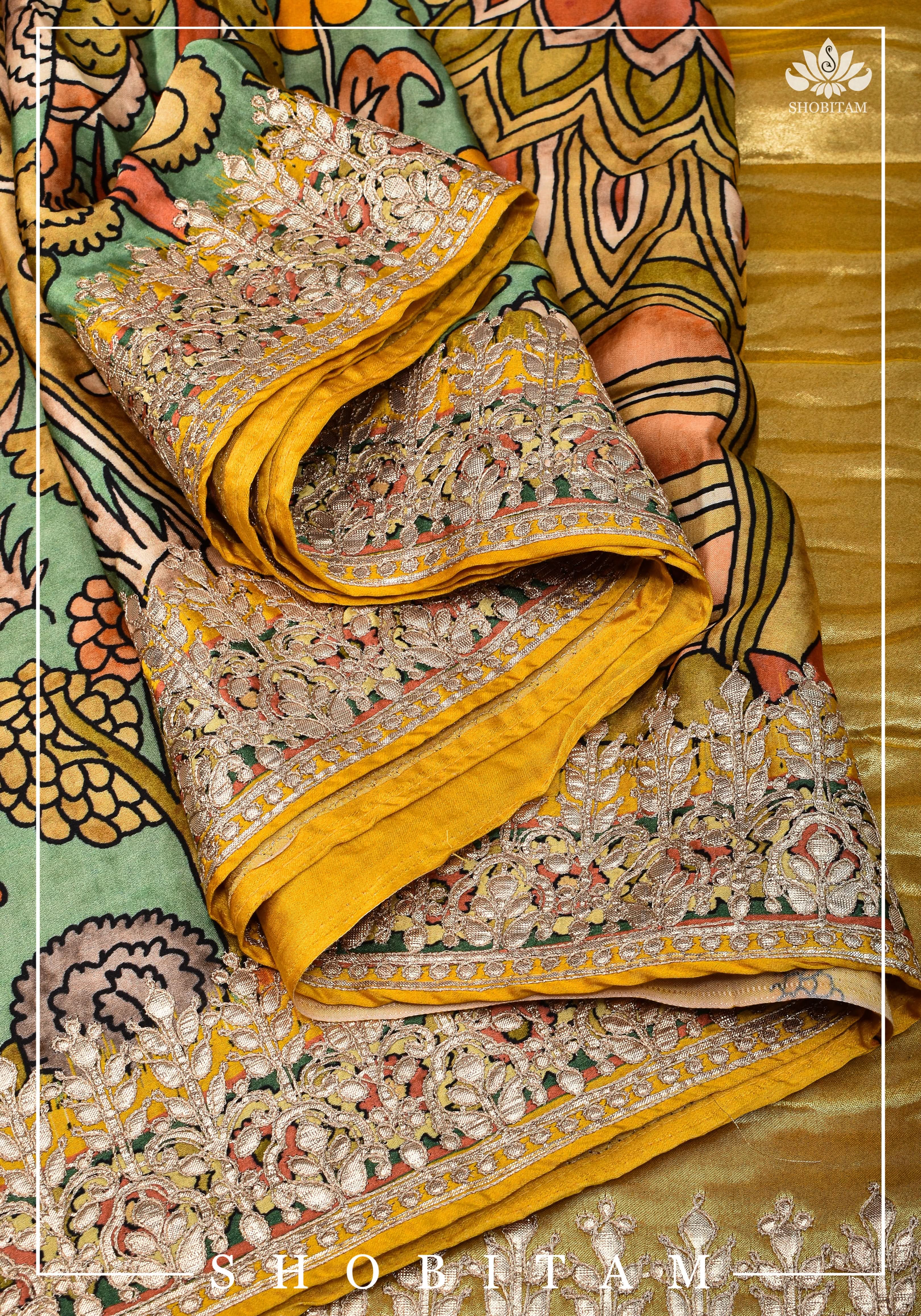 Gajji Silk Saree with Gotta Patti Border and kalamkari Digital Print | Shobitam
