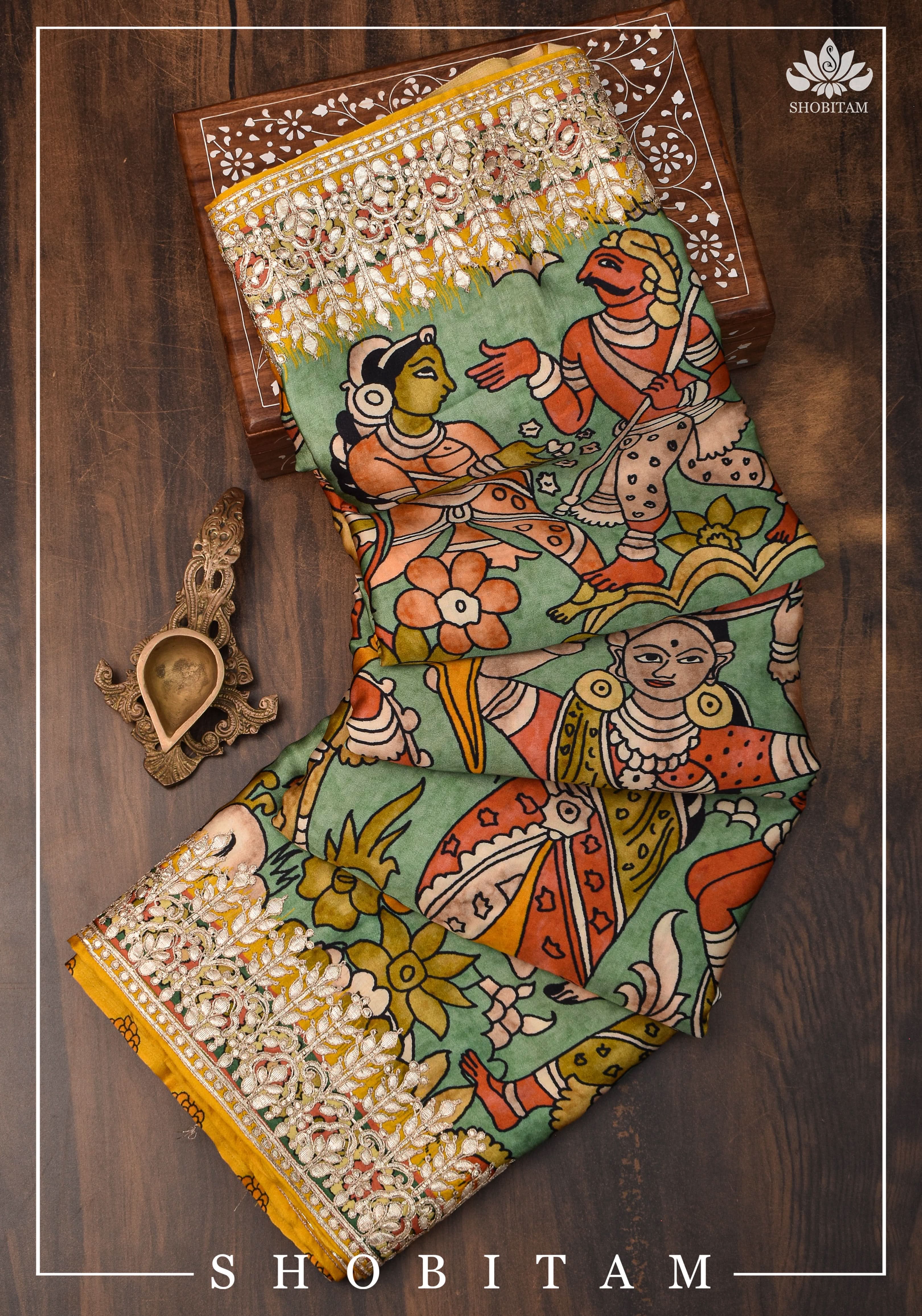 Gajji Silk Saree with Gotta Patti Border and kalamkari Digital Print | Shobitam