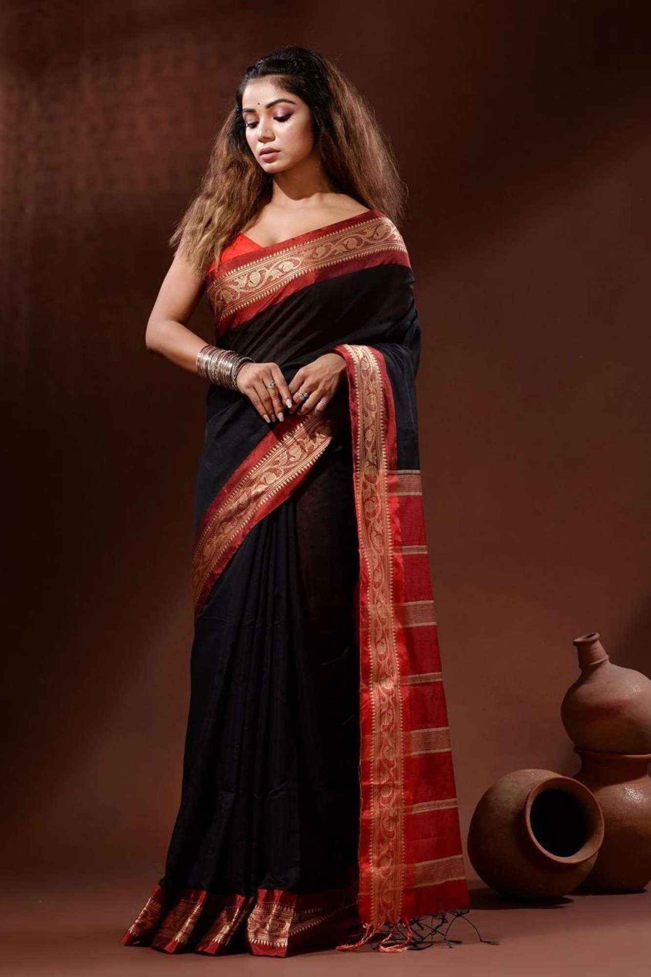 Black Cotton Silk with Red Woven Border & Pallu Ready To Wear Saree