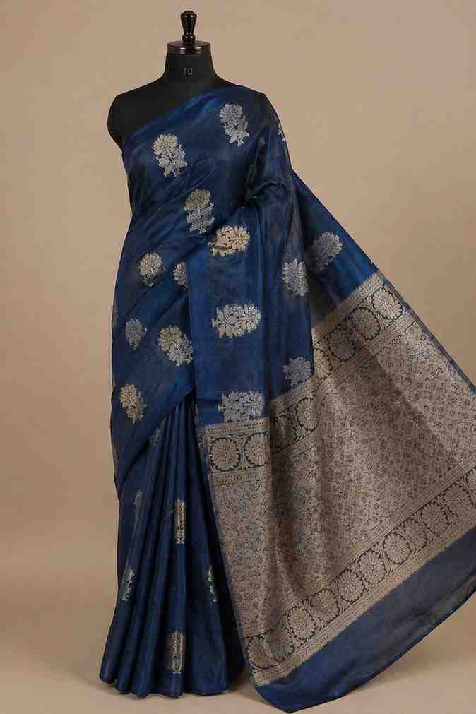Royal Blue Soft Silk with Silver Zari Floral Buta & Rich Pallu Ready To Wear Saree