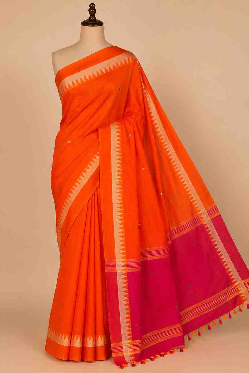 Vibrant Orange Cotton Silk with Pink Contrast Border & Tassels Ready To Wear Saree