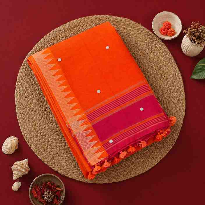 Vibrant Orange Cotton Silk with Pink Contrast Border & Tassels Ready To Wear Saree