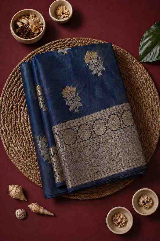 Royal Blue Soft Silk with Silver Zari Floral Buta & Rich Pallu Ready To Wear Saree