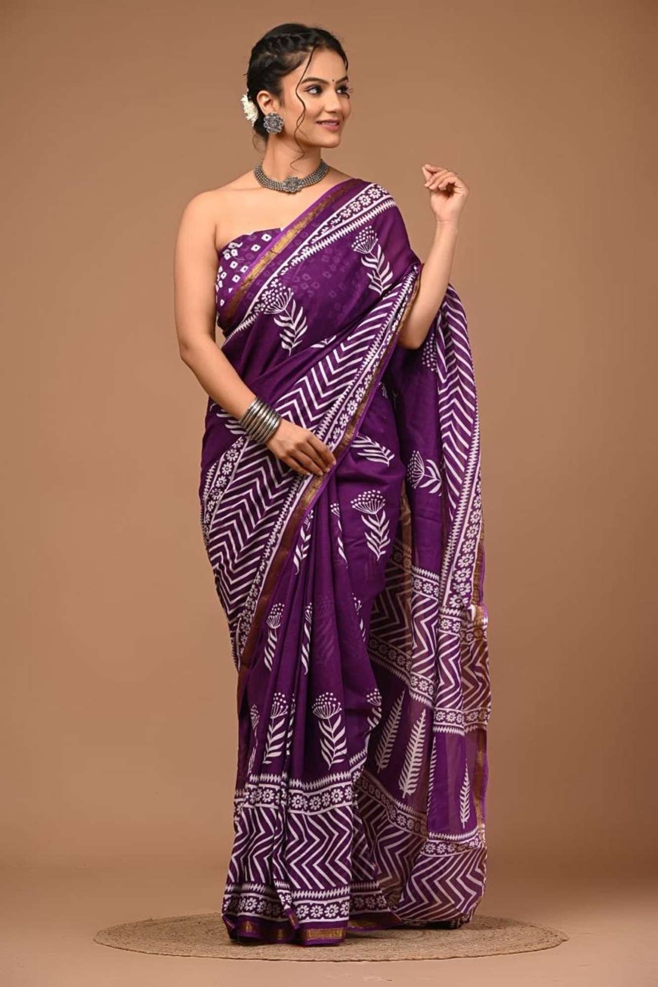 Purple Cotton with White Hand Block Prints Ready To Wear Saree