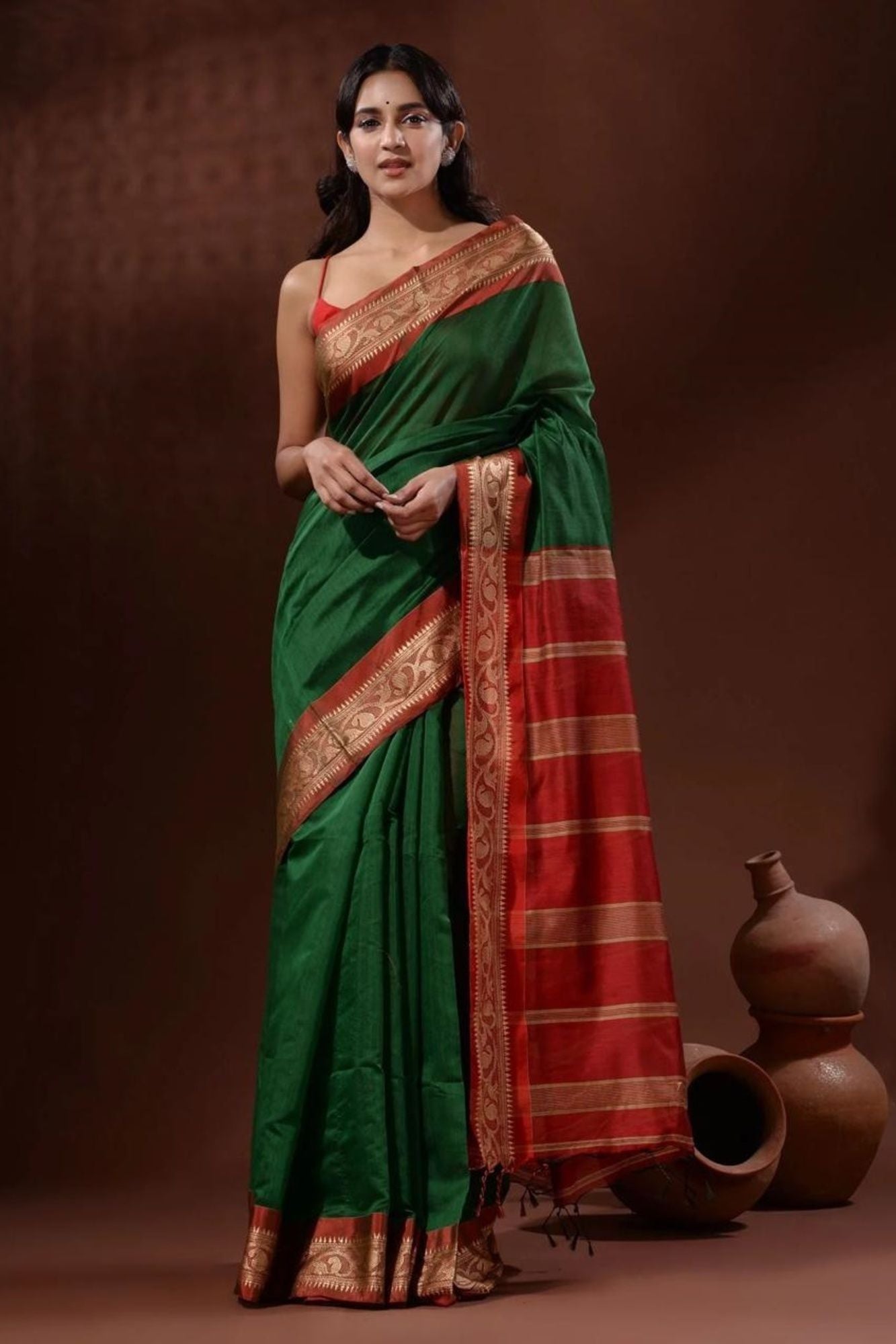Green Cotton Silk with Red Zari Border & Striped Pallu Ready To Wear Saree