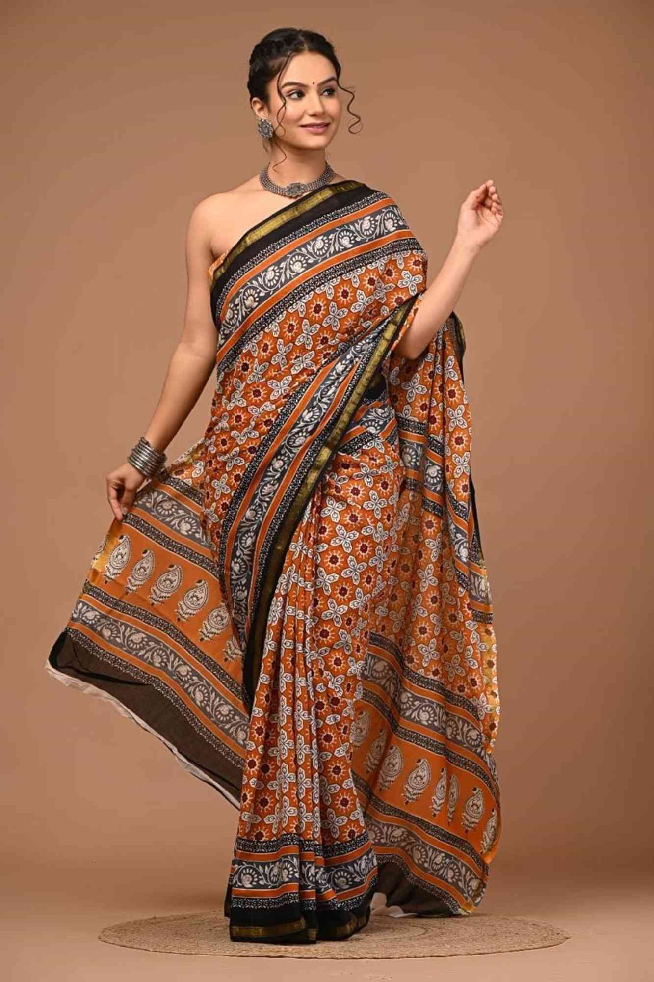 Cotton Handcrafted with Orange Floral and Paisley Block Prints Ready To Wear Saree