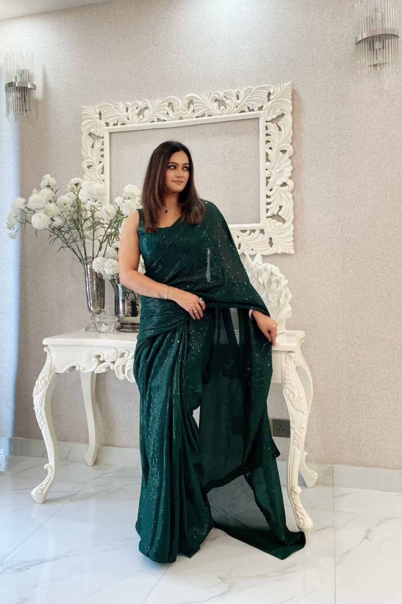 Dark Green Georgette with All-Over Sequin Embellishments Ready To Wear Saree