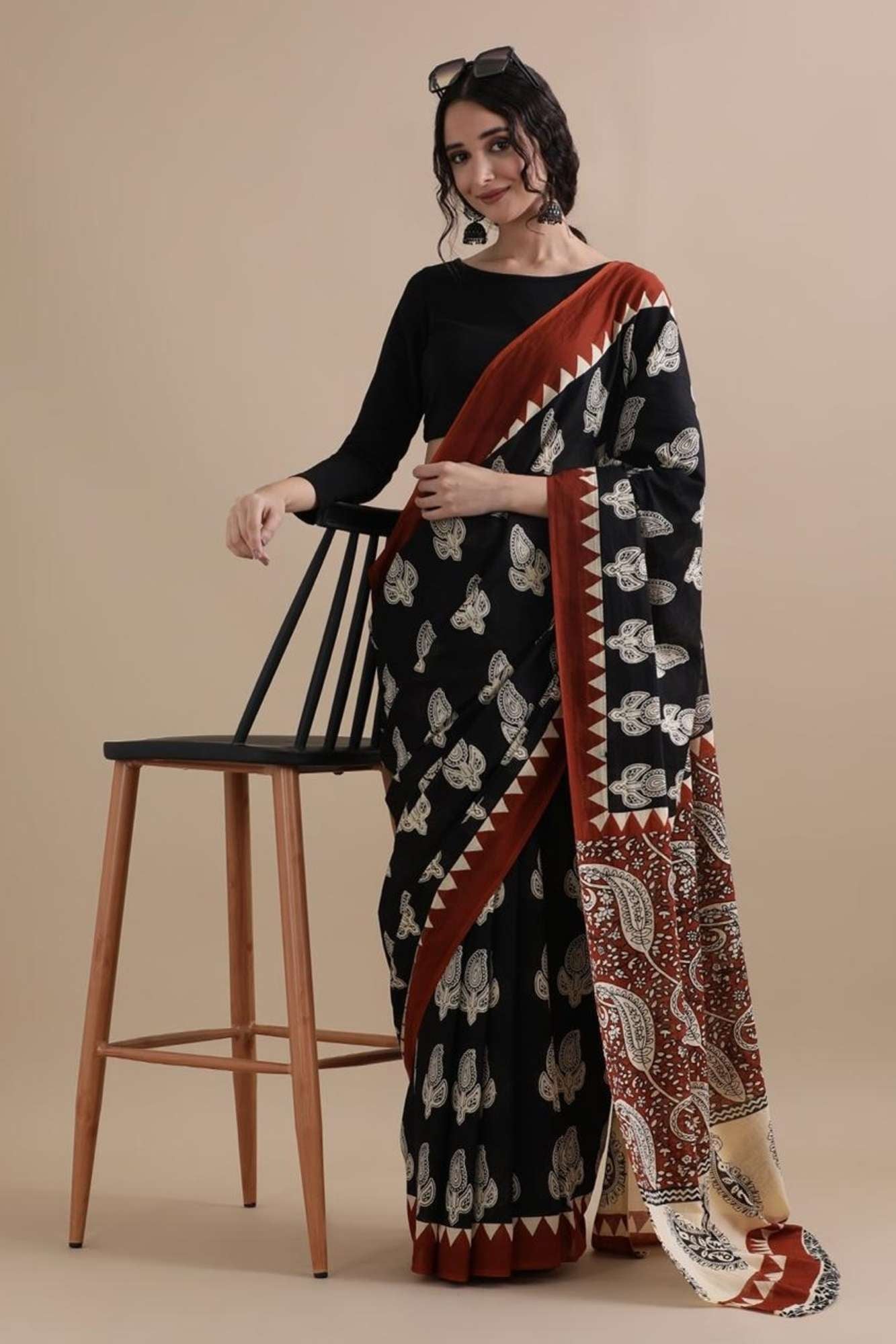 Jaipuri Black Mulmul Cotton with Hand Block Print Ready to Wear Saree
