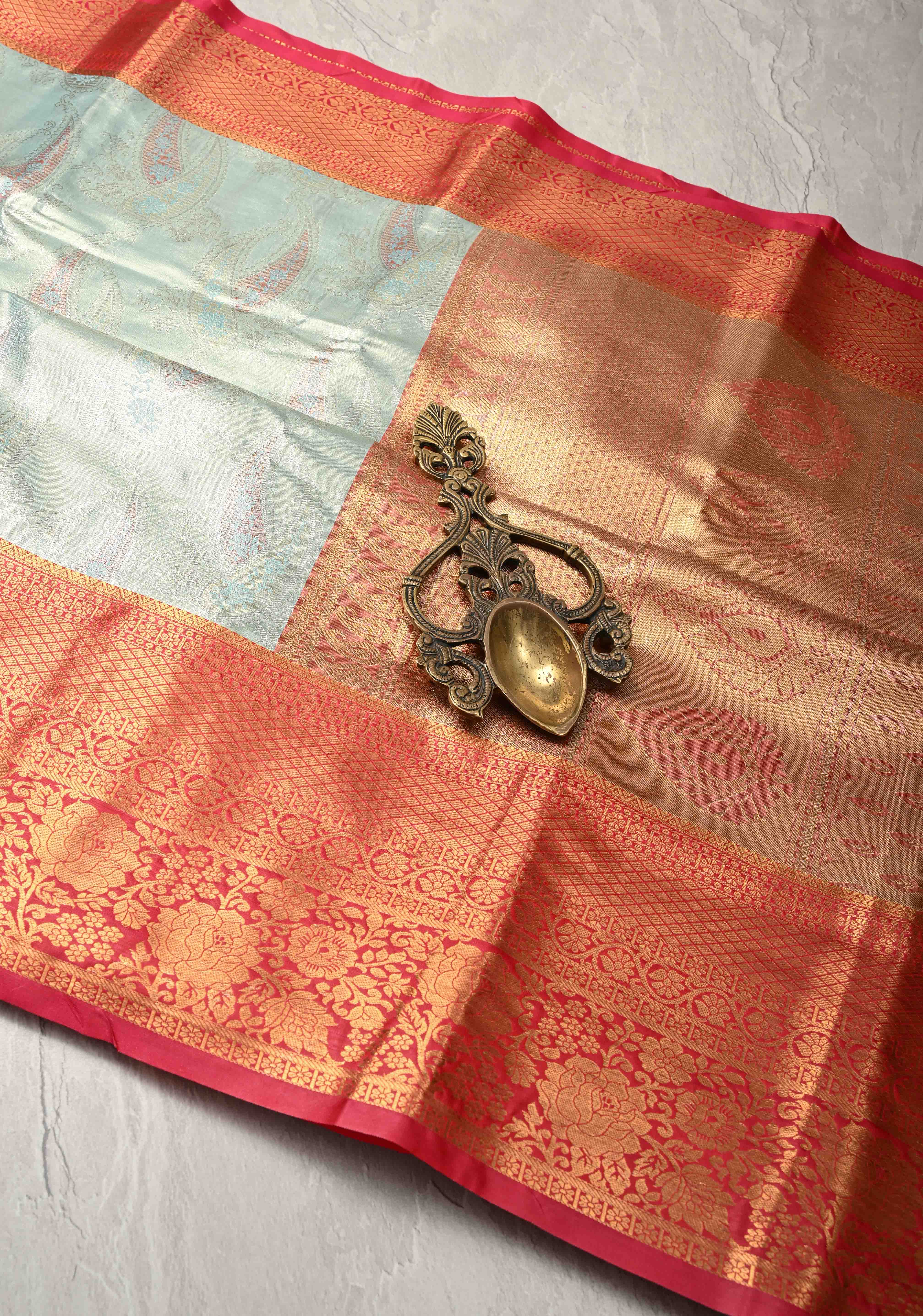 Pastel Green Kanjivaram Tissue Semi Silk Saree with Meenakari Brocade and Contrast Zari Border | Shobitam