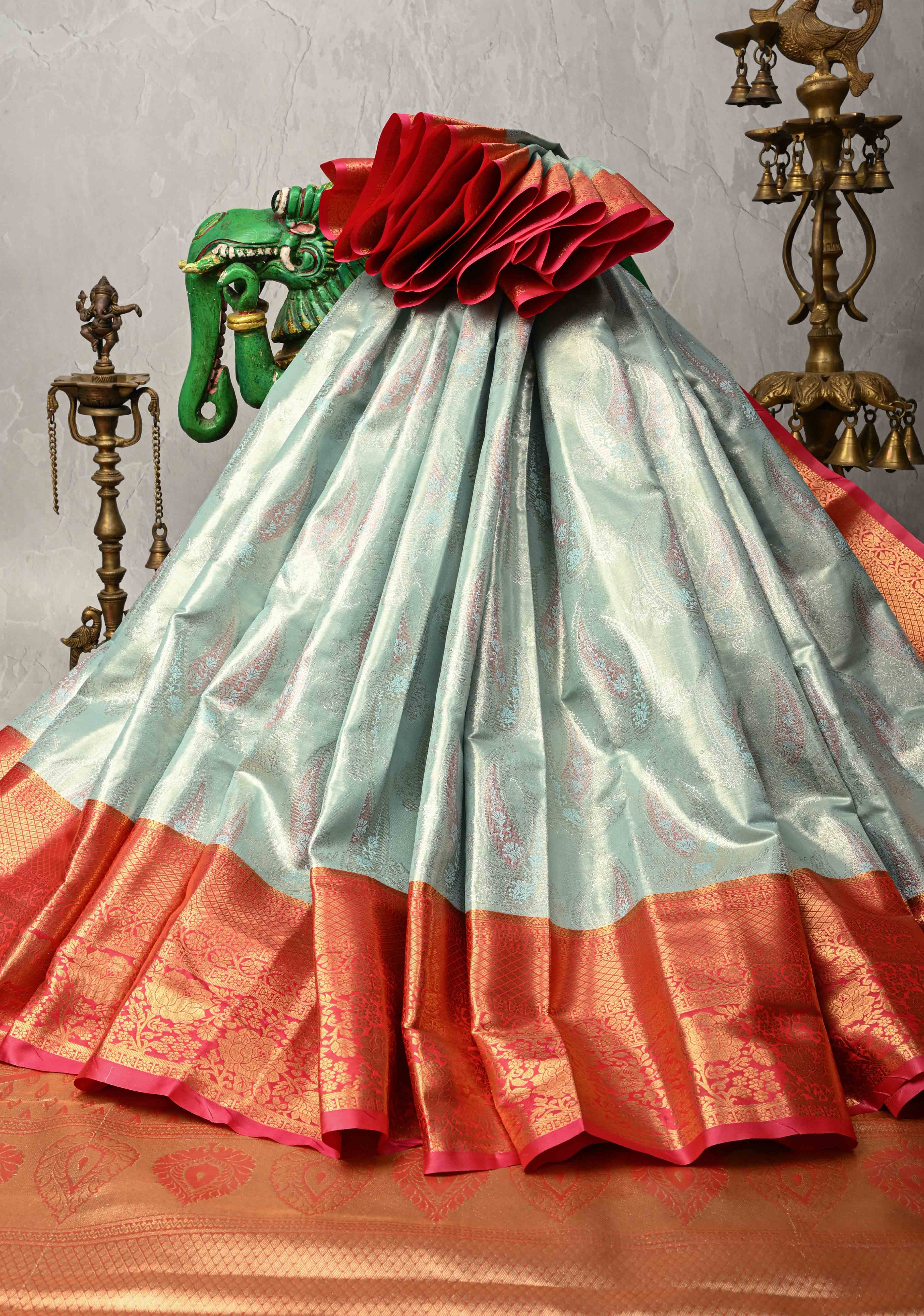 Pastel Green Kanjivaram Tissue Semi Silk Saree with Meenakari Brocade and Contrast Zari Border | Shobitam