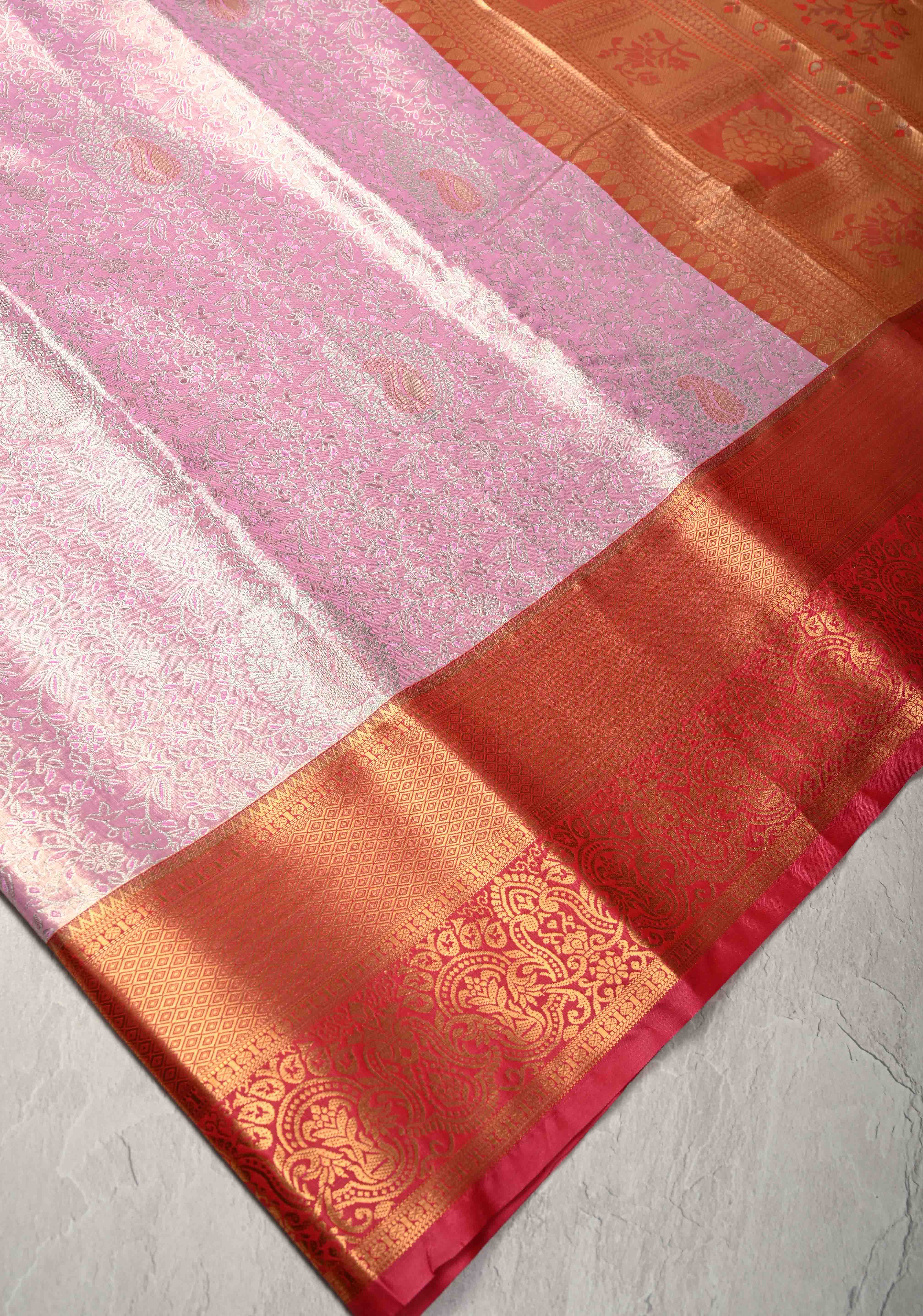Pink Kanjivaram Tissue Semi Silk Saree with Meenakari Brocade and Contrast Zari Border | Shobitam