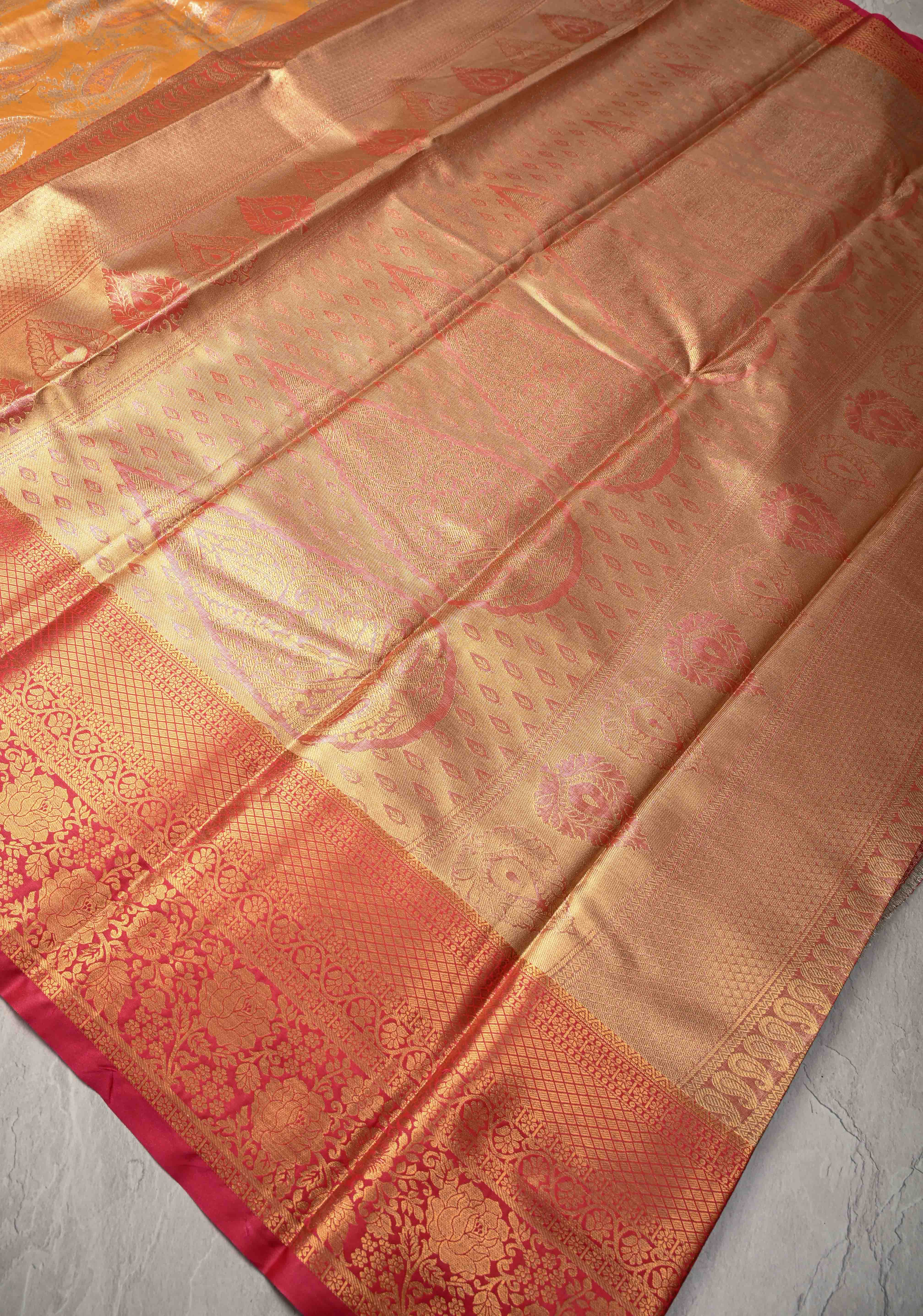 Yellow Kanjivaram Tissue Semi Silk Saree with Meenakari Paisley Brocade Jaal and Contrast Zari Border | Shobitam