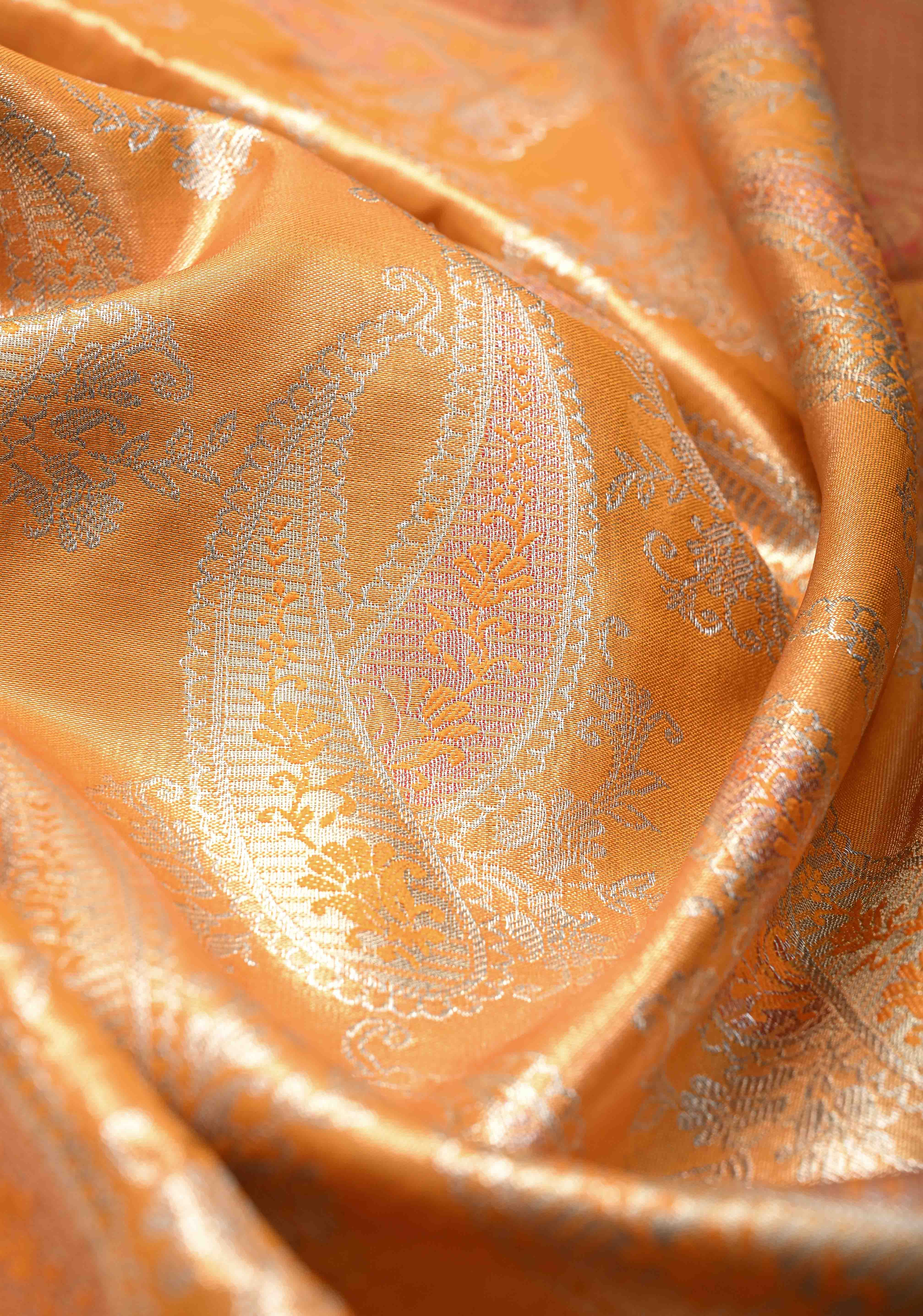 Yellow Kanjivaram Tissue Semi Silk Saree with Meenakari Paisley Brocade Jaal and Contrast Zari Border | Shobitam