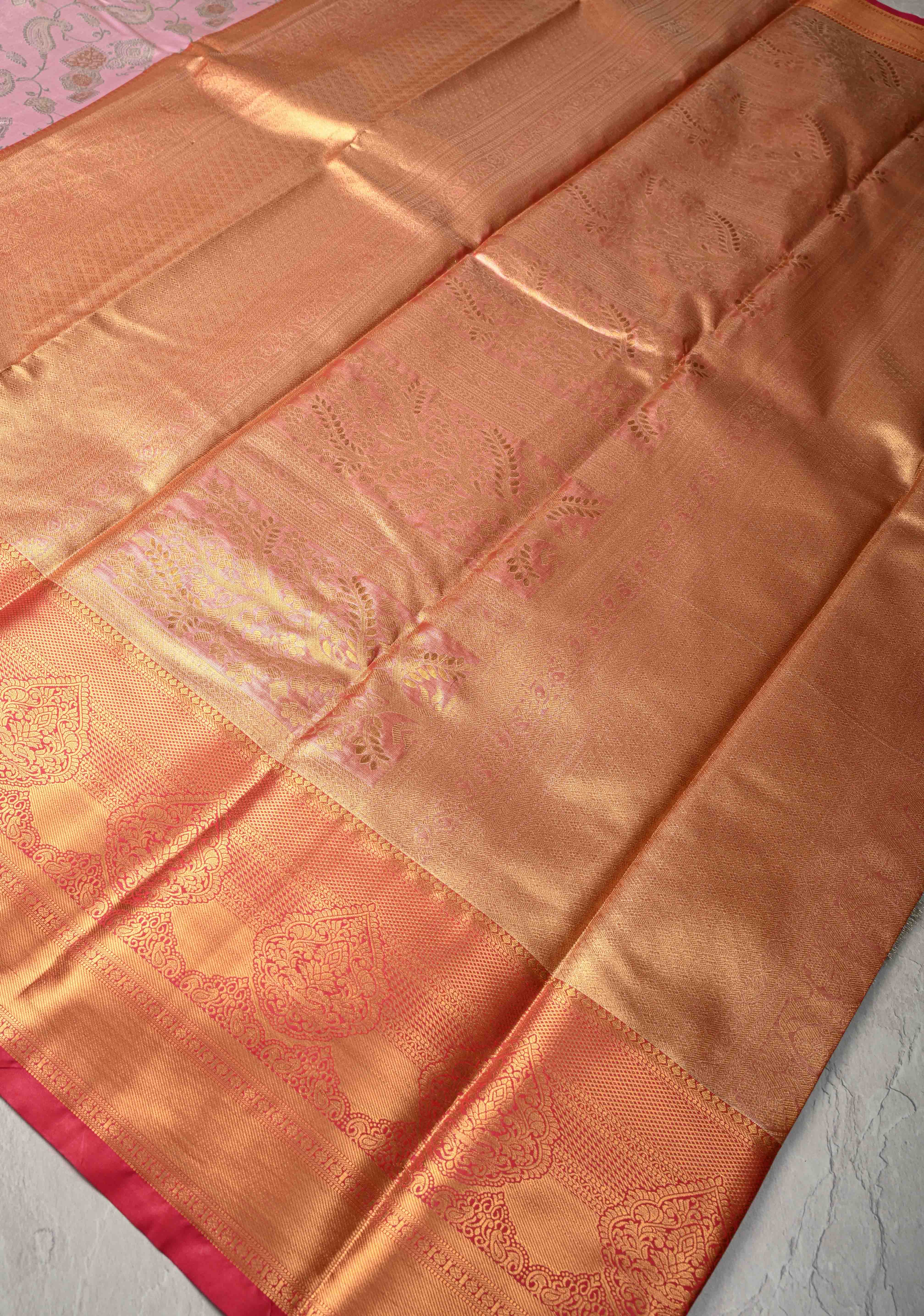 Light Pink Kanjivaram Tissue Semi Silk Saree with Meenakari Brocade and Contrast Zari Border | Shobitam
