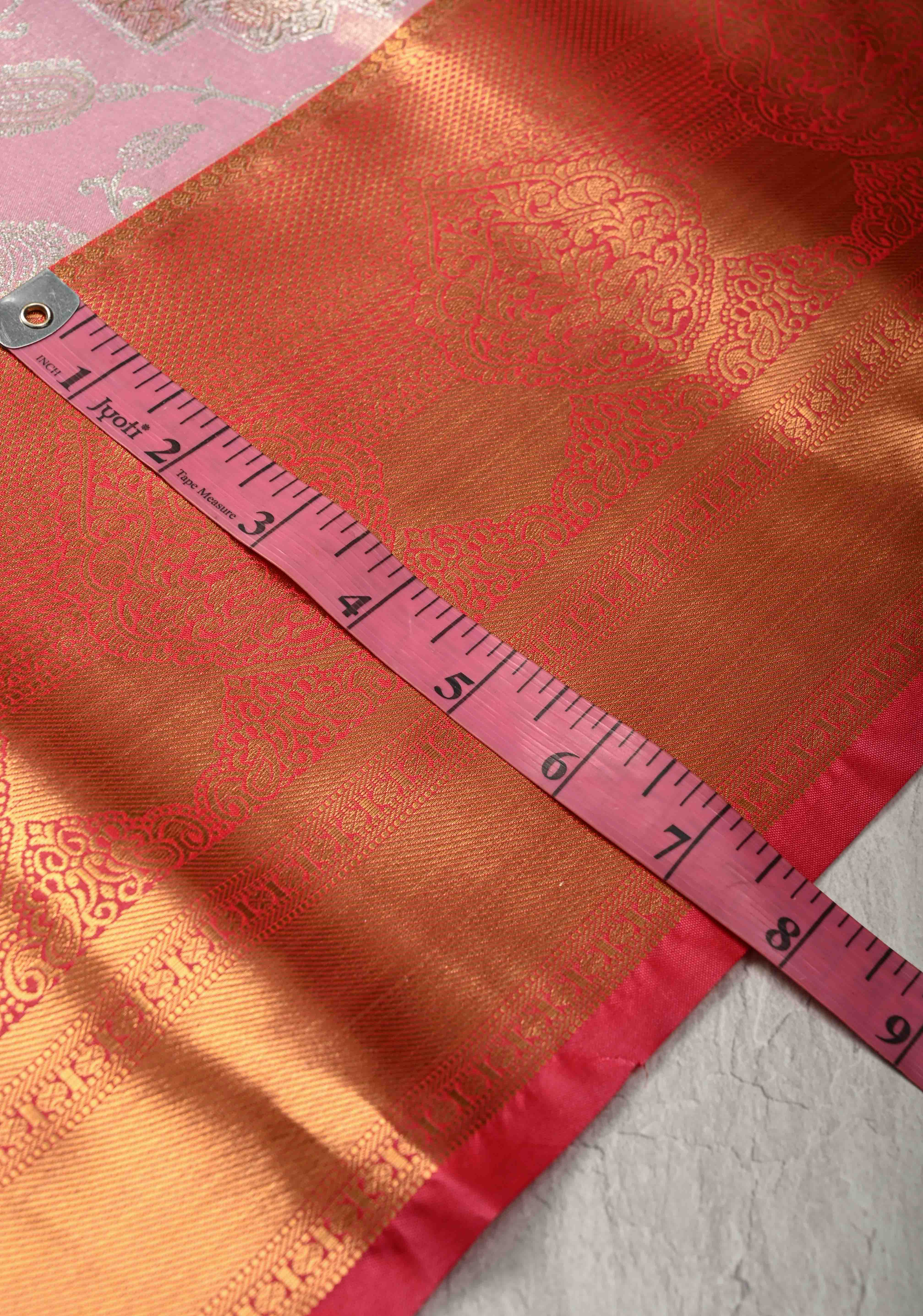 Light Pink Kanjivaram Tissue Semi Silk Saree with Meenakari Brocade and Contrast Zari Border | Shobitam