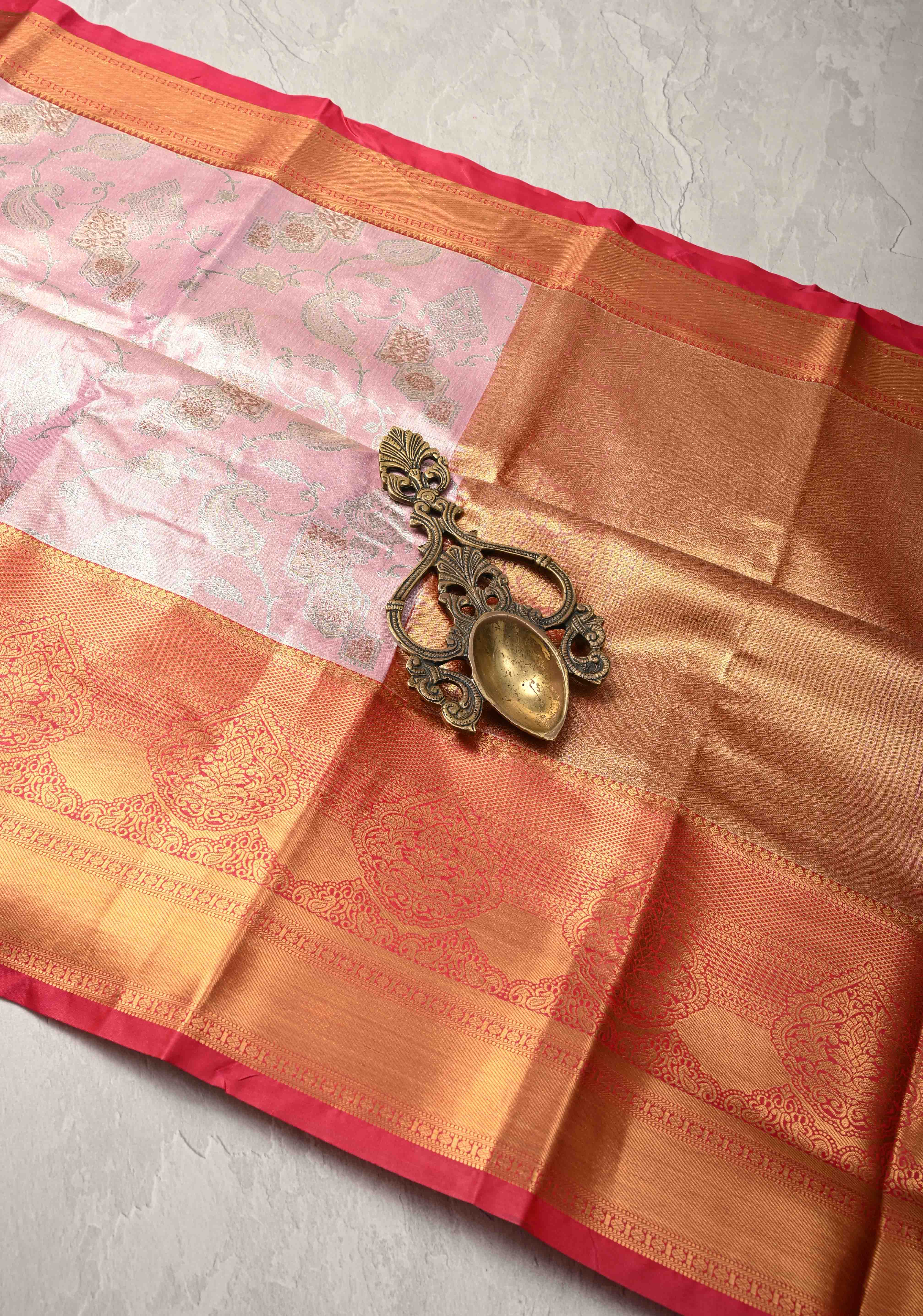 Light Pink Kanjivaram Tissue Semi Silk Saree with Meenakari Brocade and Contrast Zari Border | Shobitam