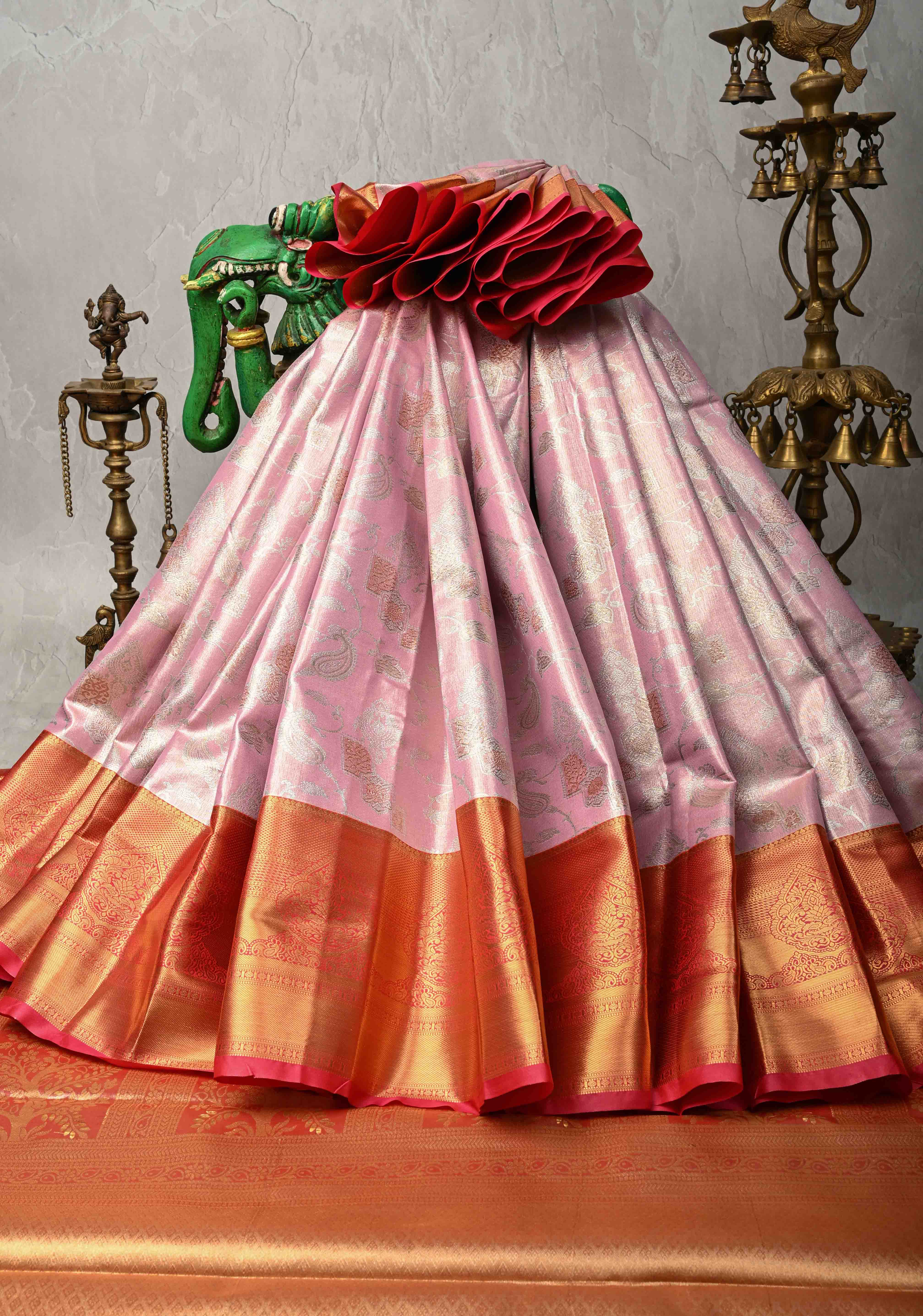 Light Pink Kanjivaram Tissue Semi Silk Saree with Meenakari Brocade and Contrast Zari Border | Shobitam