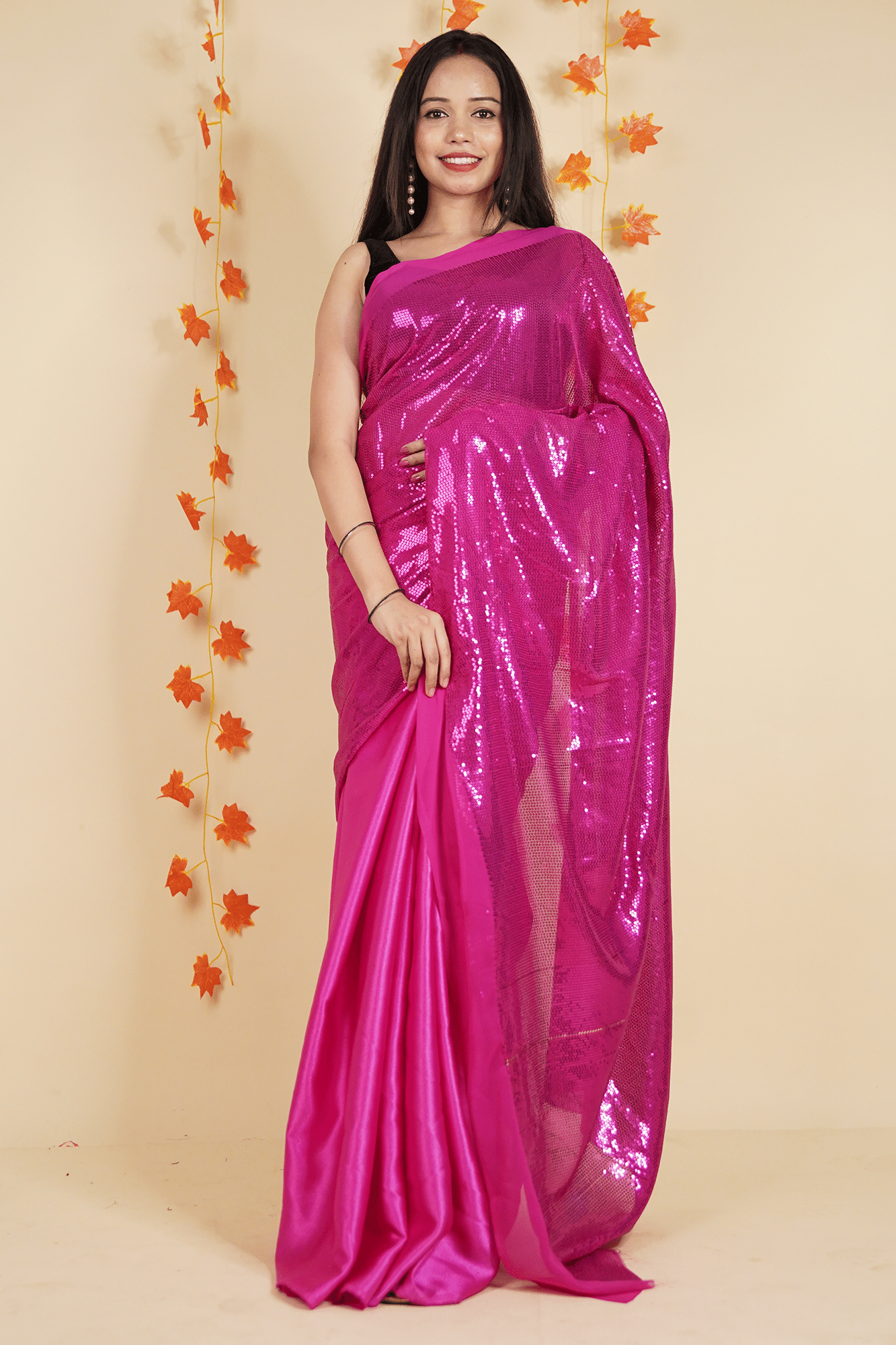 Ready to wear one minute saree Designer crimson pink dense sequin pallu and satin pleats with stitched blouse - Isadora Life