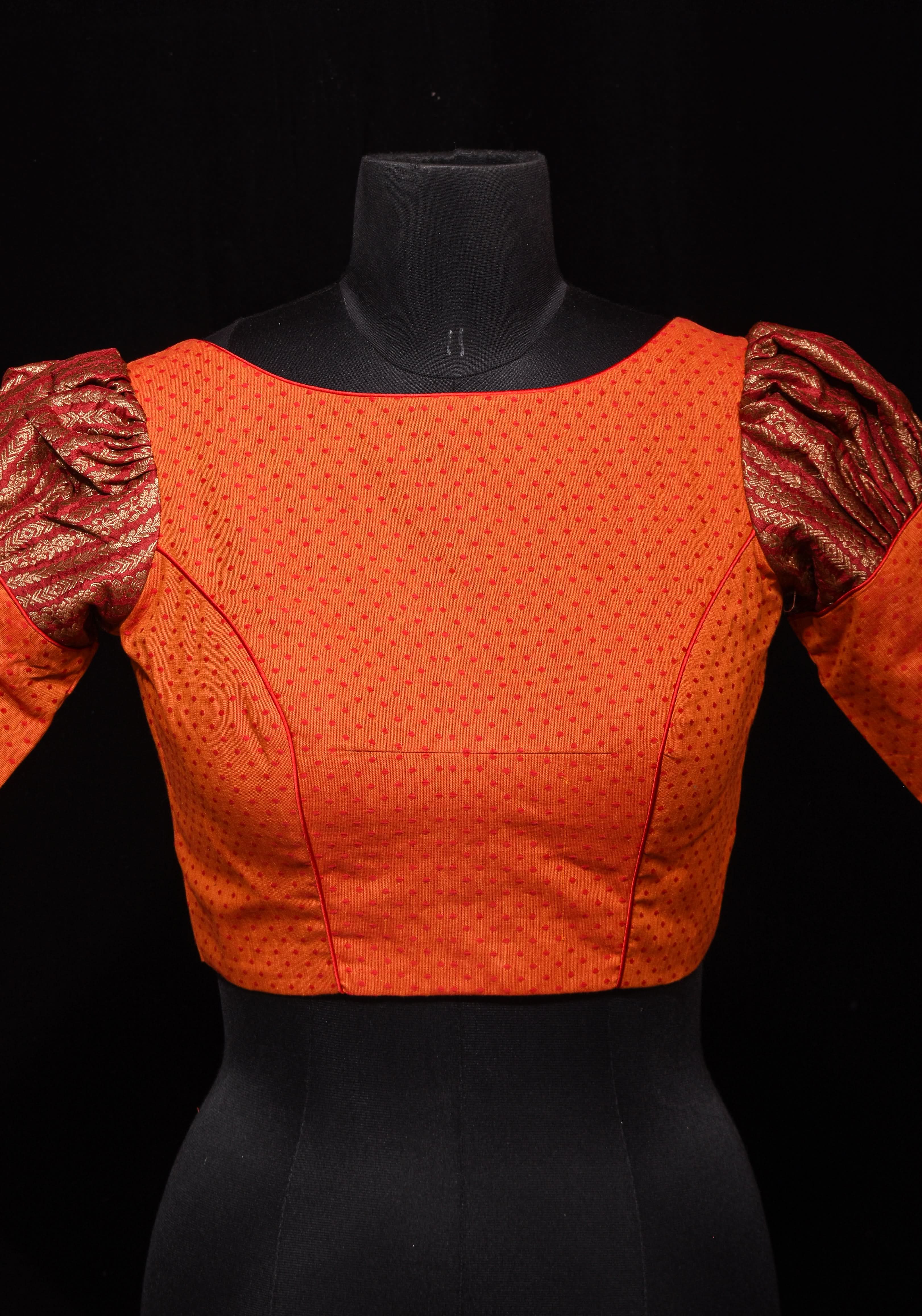 Orange Mangalagiri cotton with Maroon brocade puff sleeve detailing, Customizable, Made to order | Shobitam