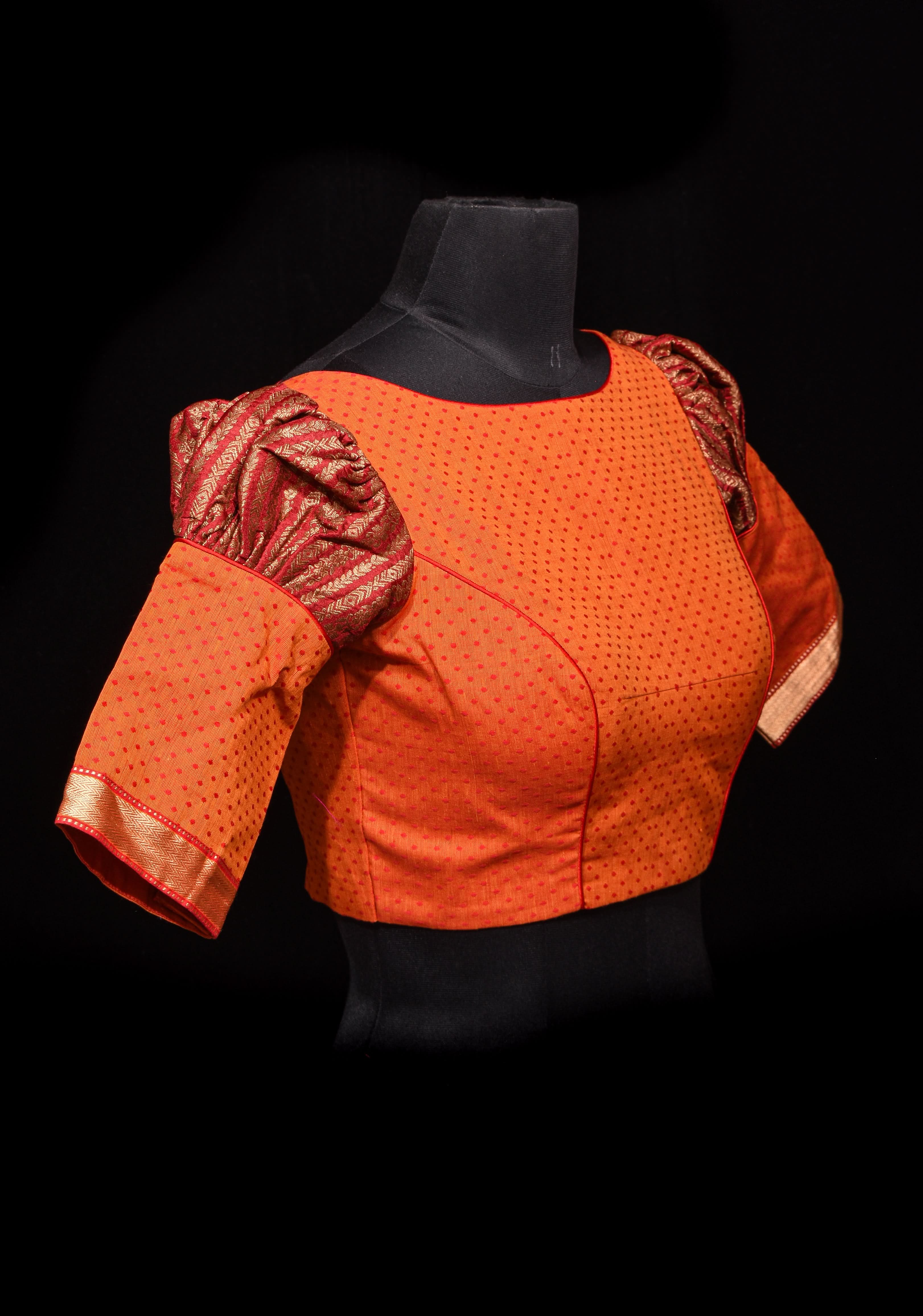 Orange Mangalagiri cotton with Maroon brocade puff sleeve detailing, Customizable, Made to order | Shobitam
