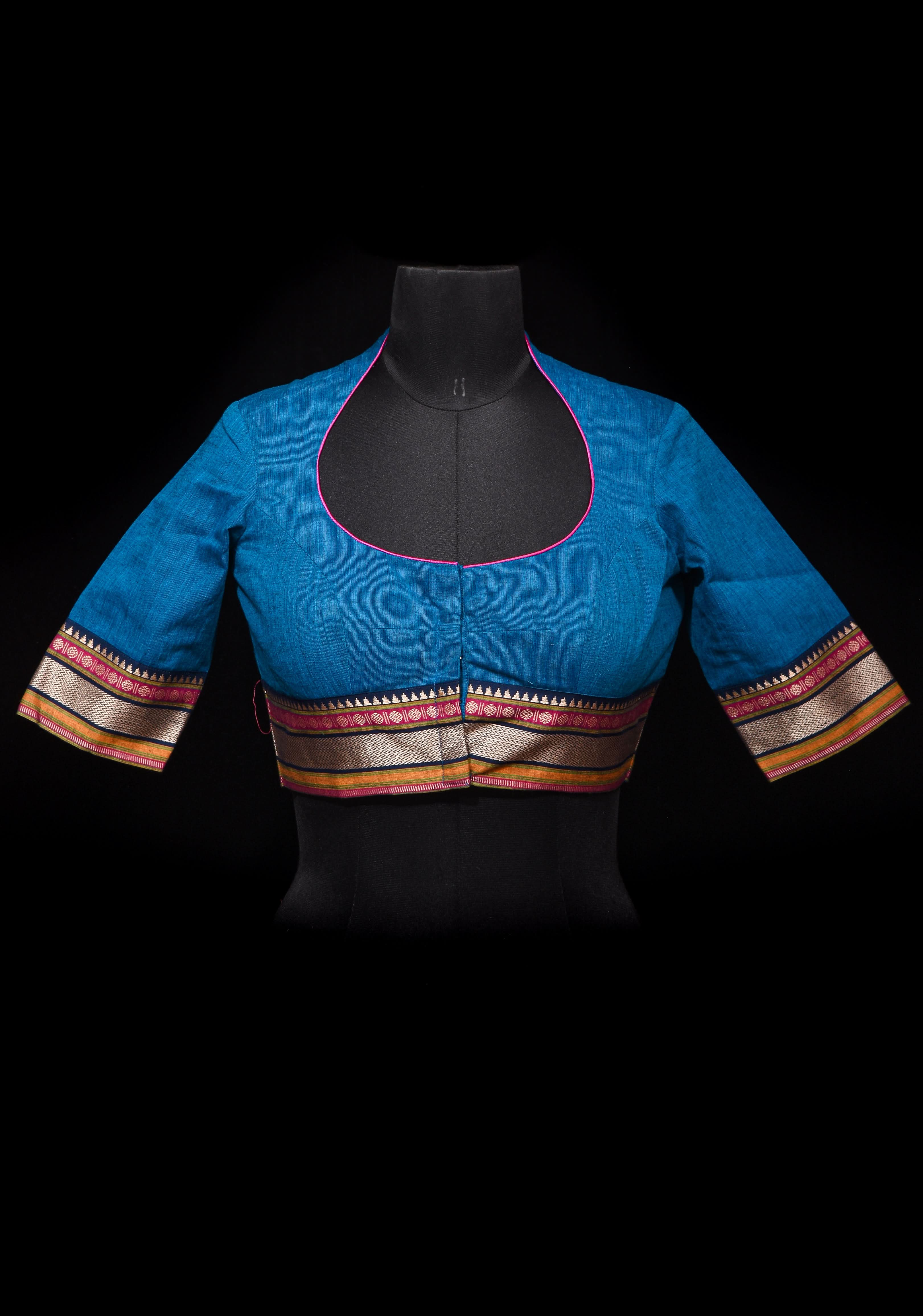 Copper Sulphate Blue Mangalagiri Cotton Blouse with Matka Neck and Cutout Detailing, Customizible,Made to order | Shobitam