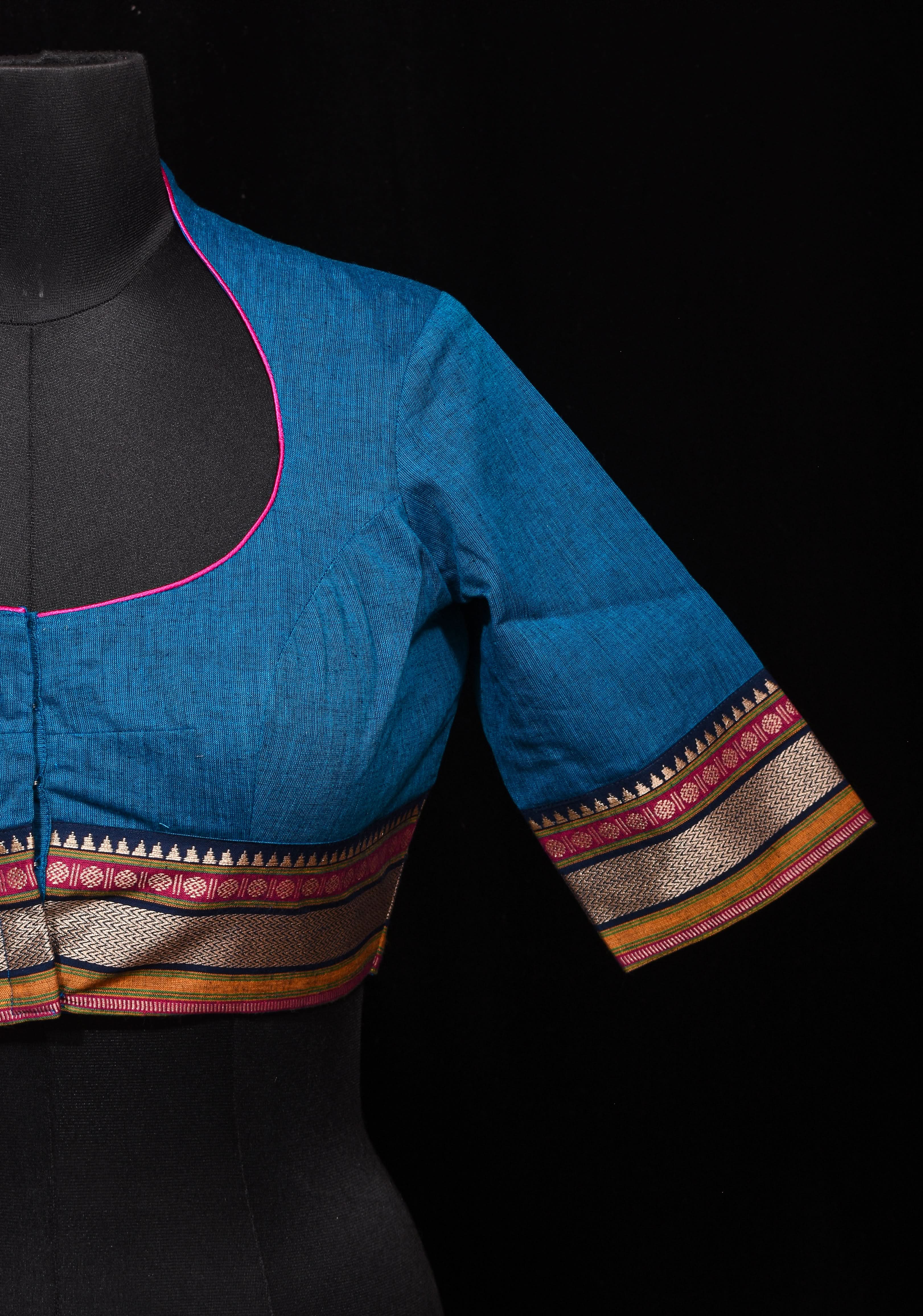 Copper Sulphate Blue Mangalagiri Cotton Blouse with Matka Neck and Cutout Detailing, Customizible,Made to order | Shobitam