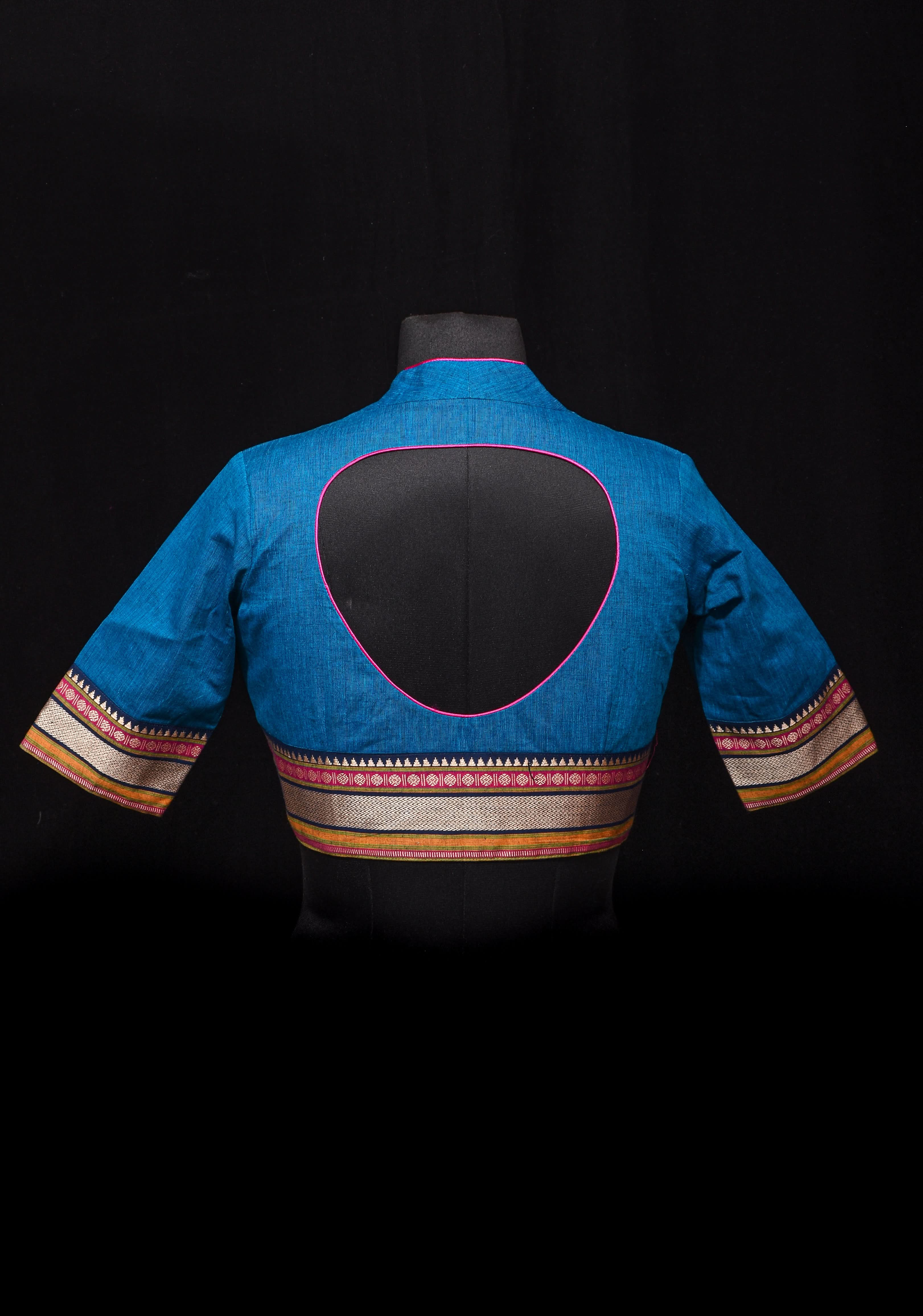 Copper Sulphate Blue Mangalagiri Cotton Blouse with Matka Neck and Cutout Detailing, Customizible,Made to order | Shobitam