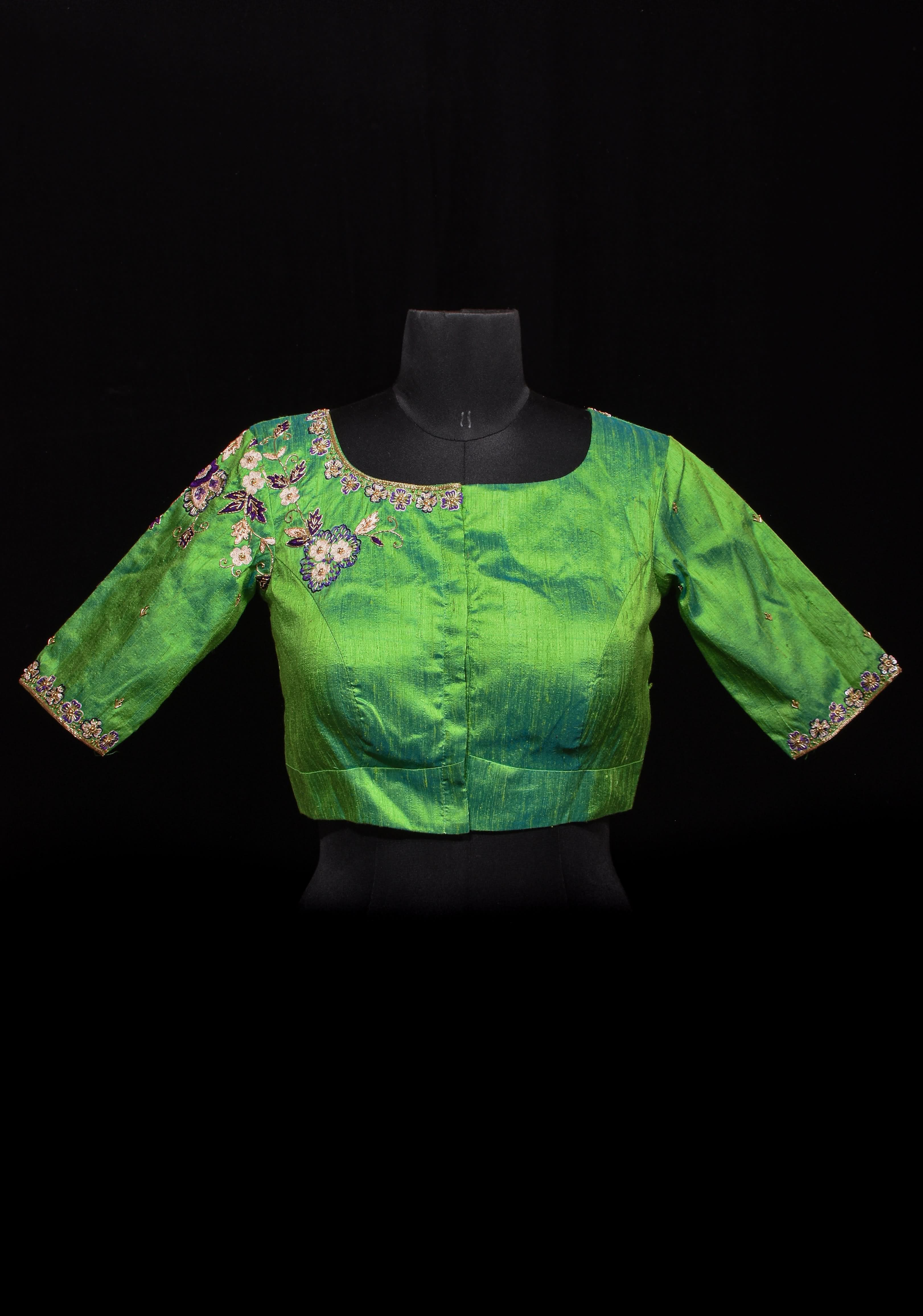 Made to Order: Sea green pure Raw silk blouse with meenakari floral handwork embellishments | Shobitam