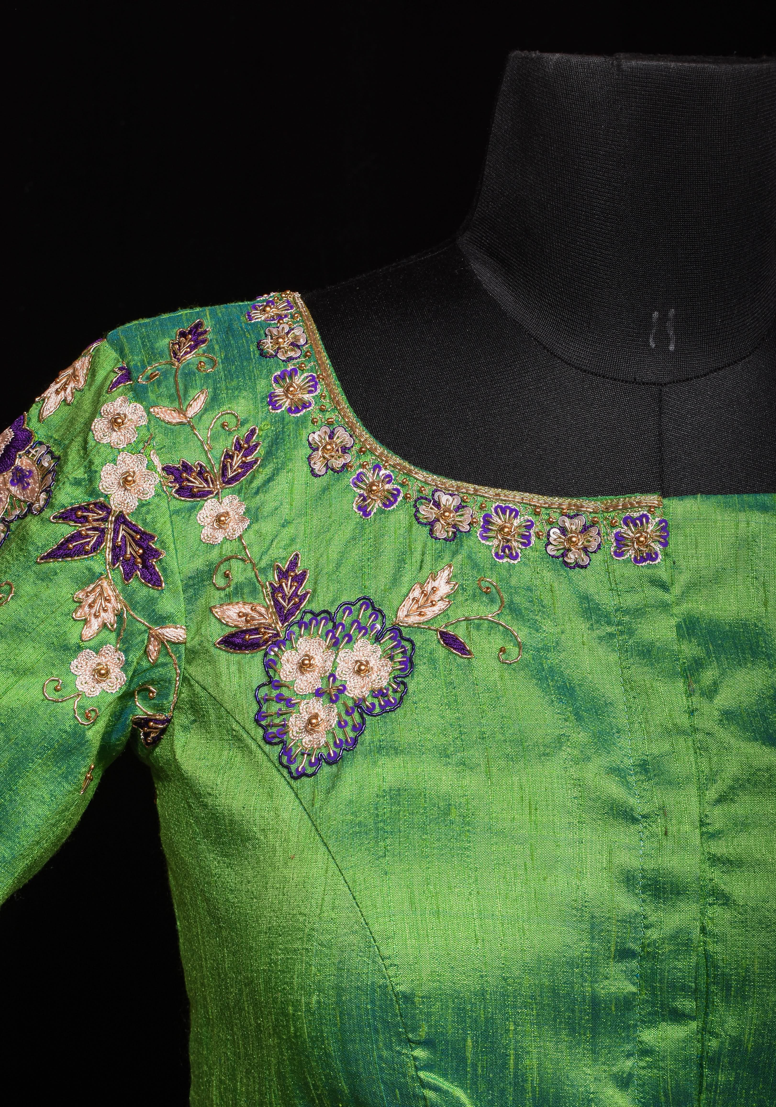 Made to Order: Sea green pure Raw silk blouse with meenakari floral handwork embellishments | Shobitam