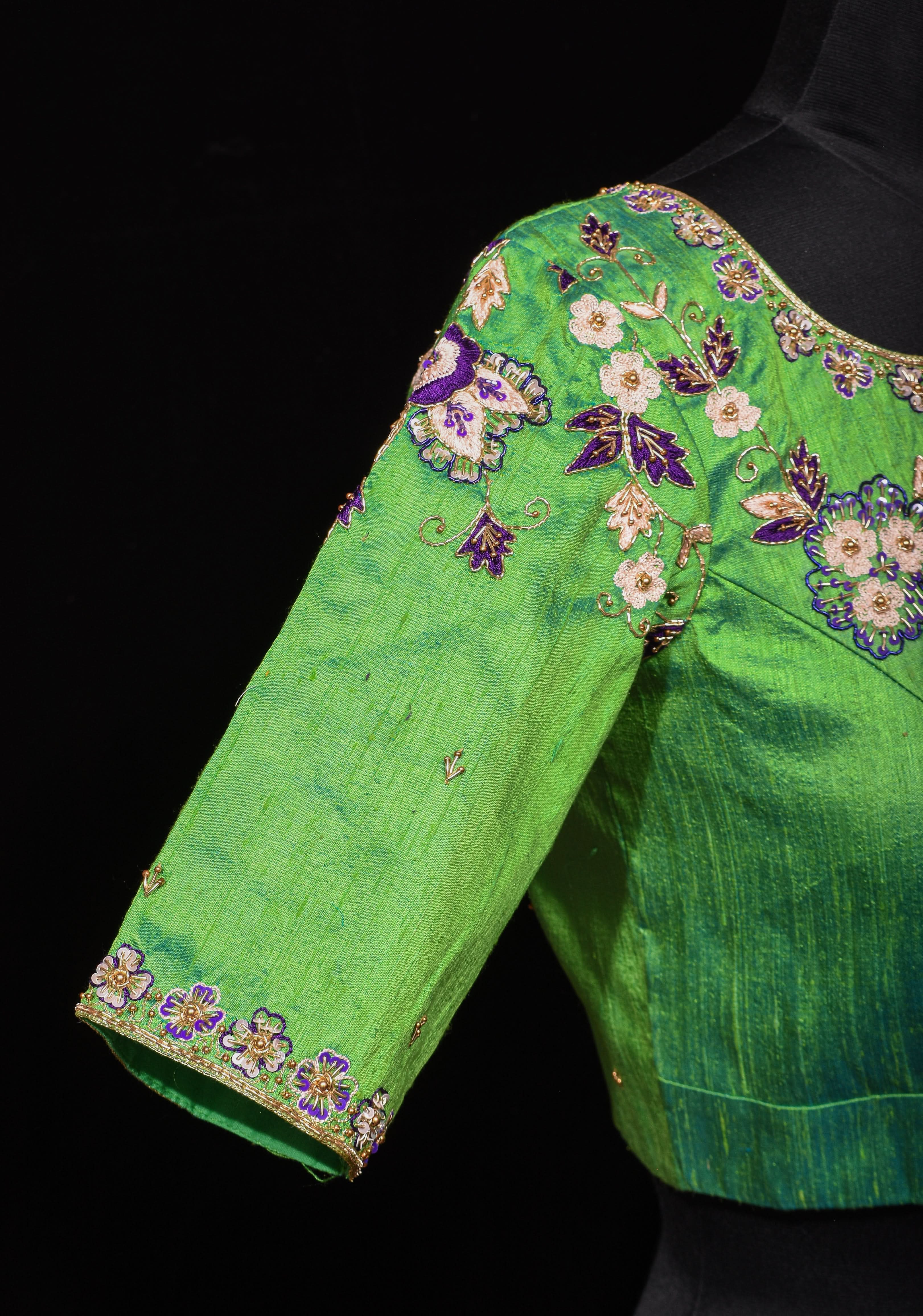 Made to Order: Sea green pure Raw silk blouse with meenakari floral handwork embellishments | Shobitam