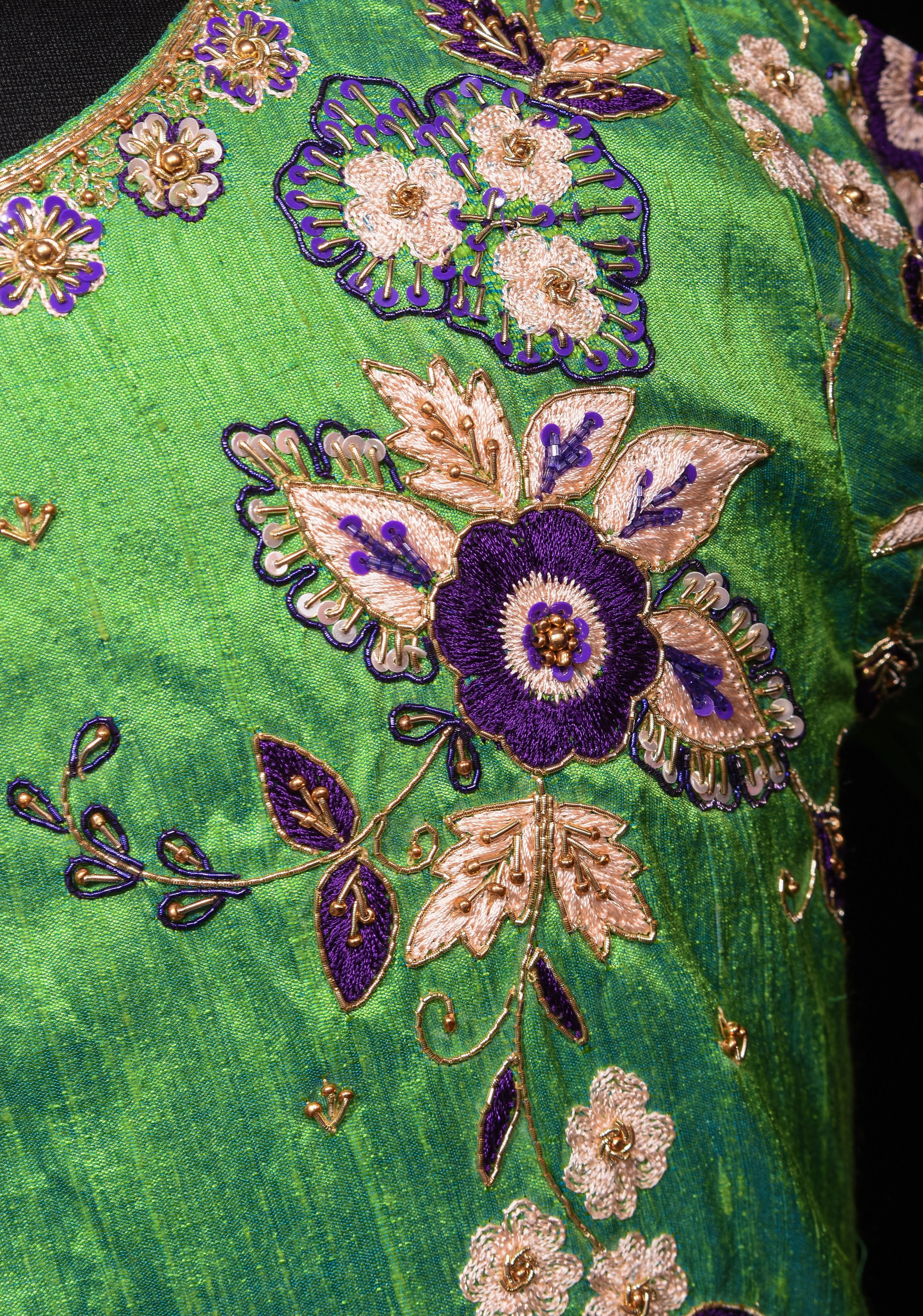 Made to Order: Sea green pure Raw silk blouse with meenakari floral handwork embellishments | Shobitam