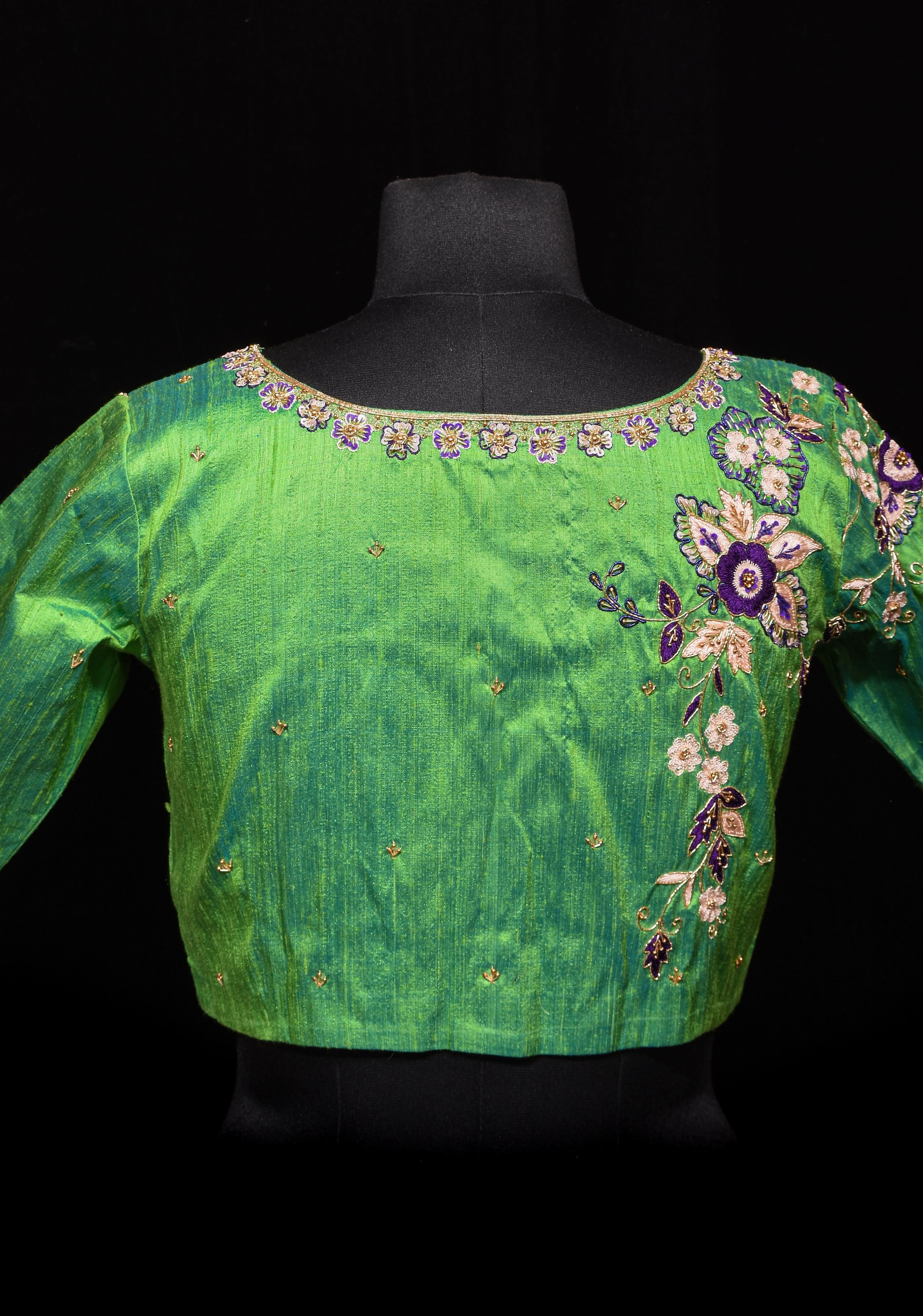 Made to Order: Sea green pure Raw silk blouse with meenakari floral handwork embellishments | Shobitam