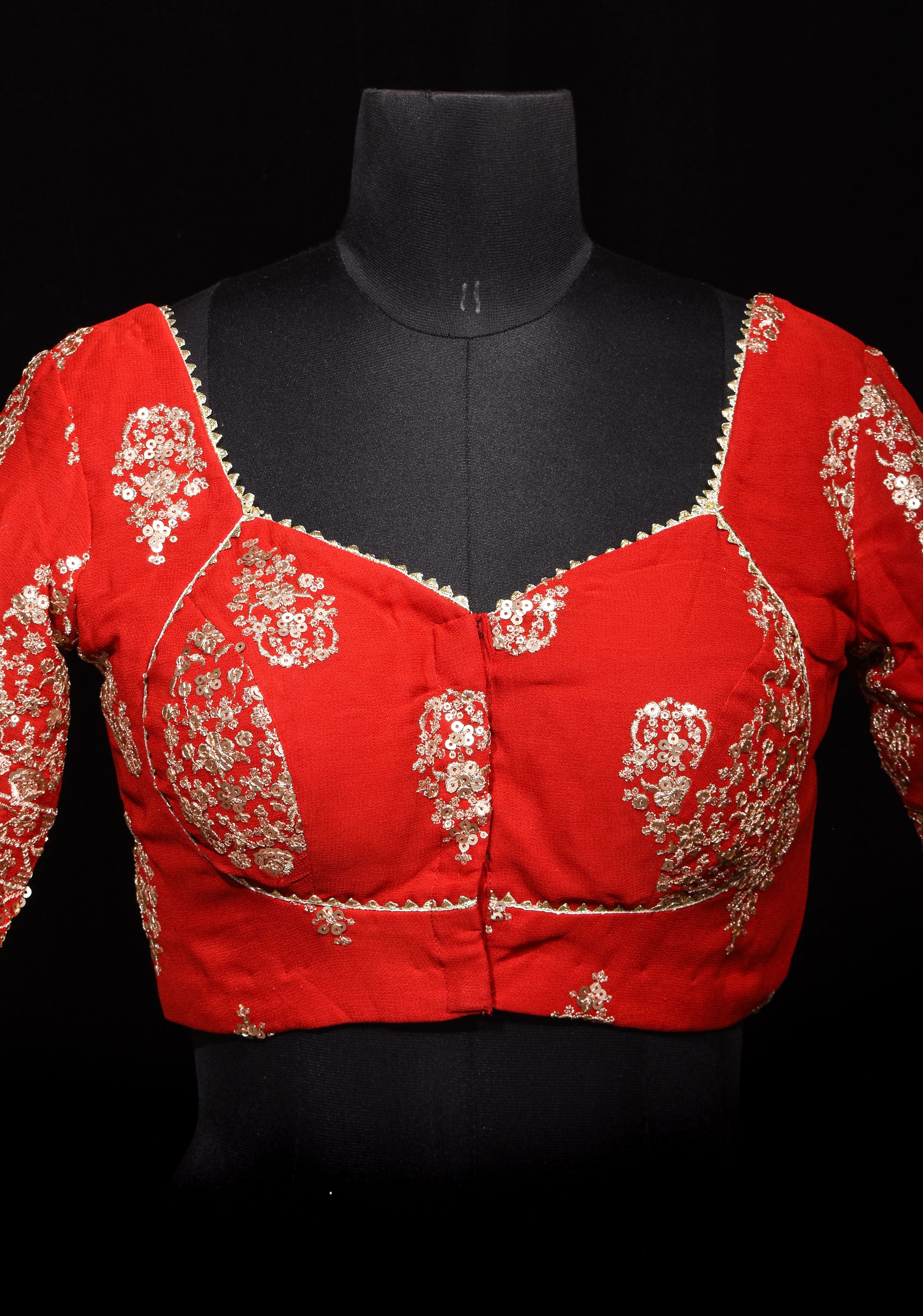 Red and Gold Georgette Blouse with Sequin Work and Gotta Detailing, Customizable, Made to Order | Shobitam