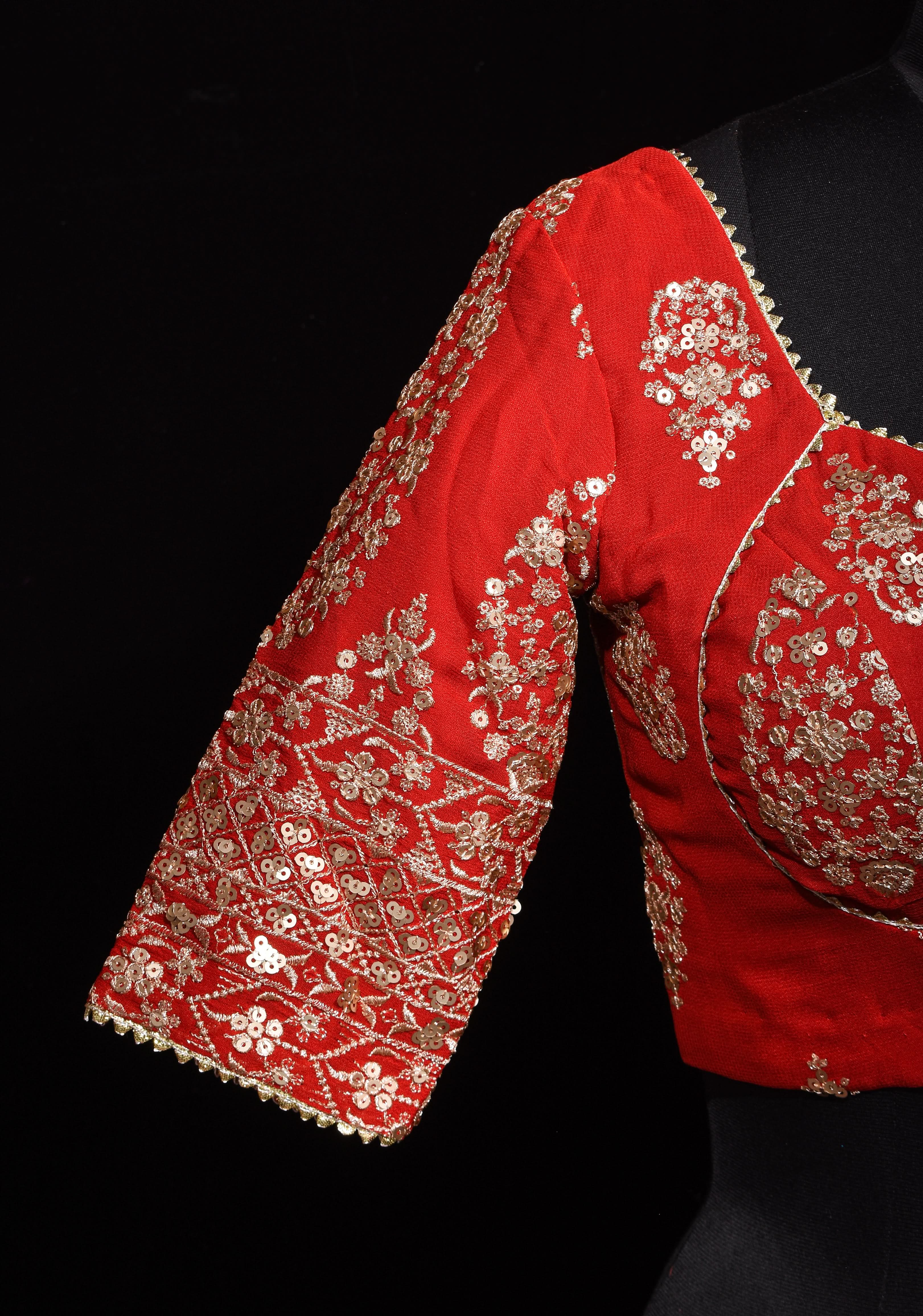 Red and Gold Georgette Blouse with Sequin Work and Gotta Detailing, Customizable, Made to Order | Shobitam