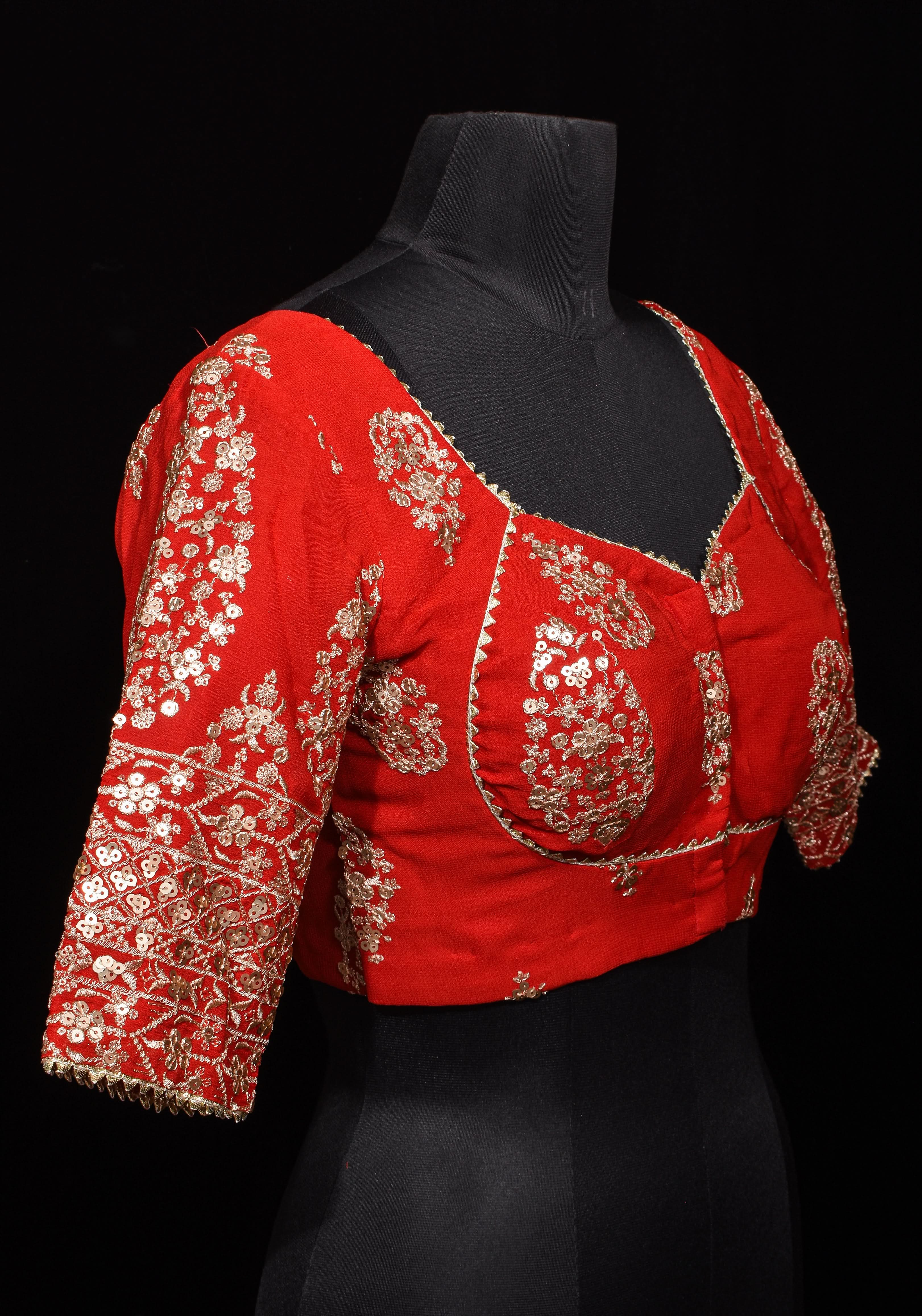 Red and Gold Georgette Blouse with Sequin Work and Gotta Detailing, Customizable, Made to Order | Shobitam
