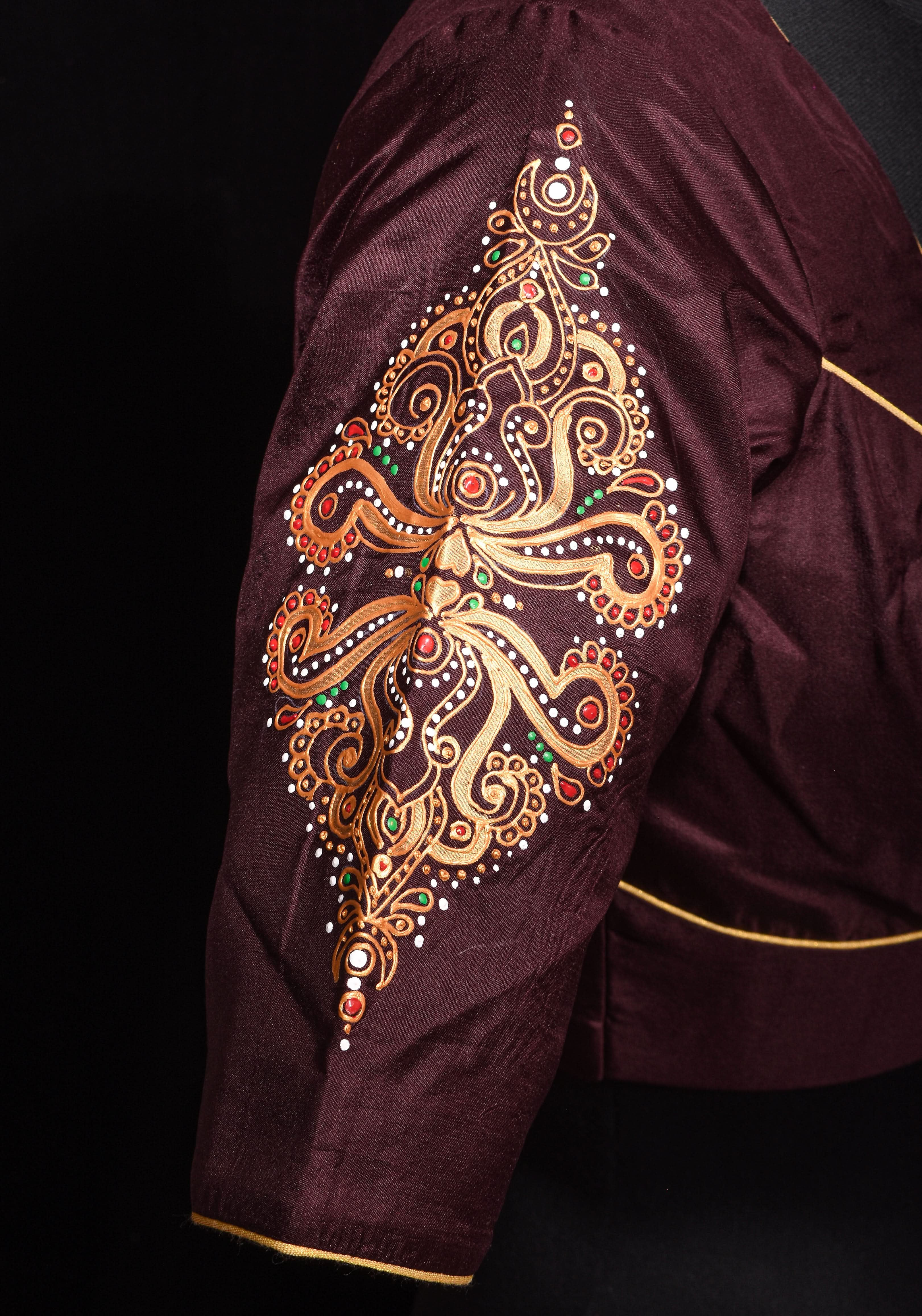 Brown Pure Silk Blouse with 3D Tanjore Art Damansk Motif on Sleeves and Arch Cutout back, Color Customization available, made to order | Shobitam