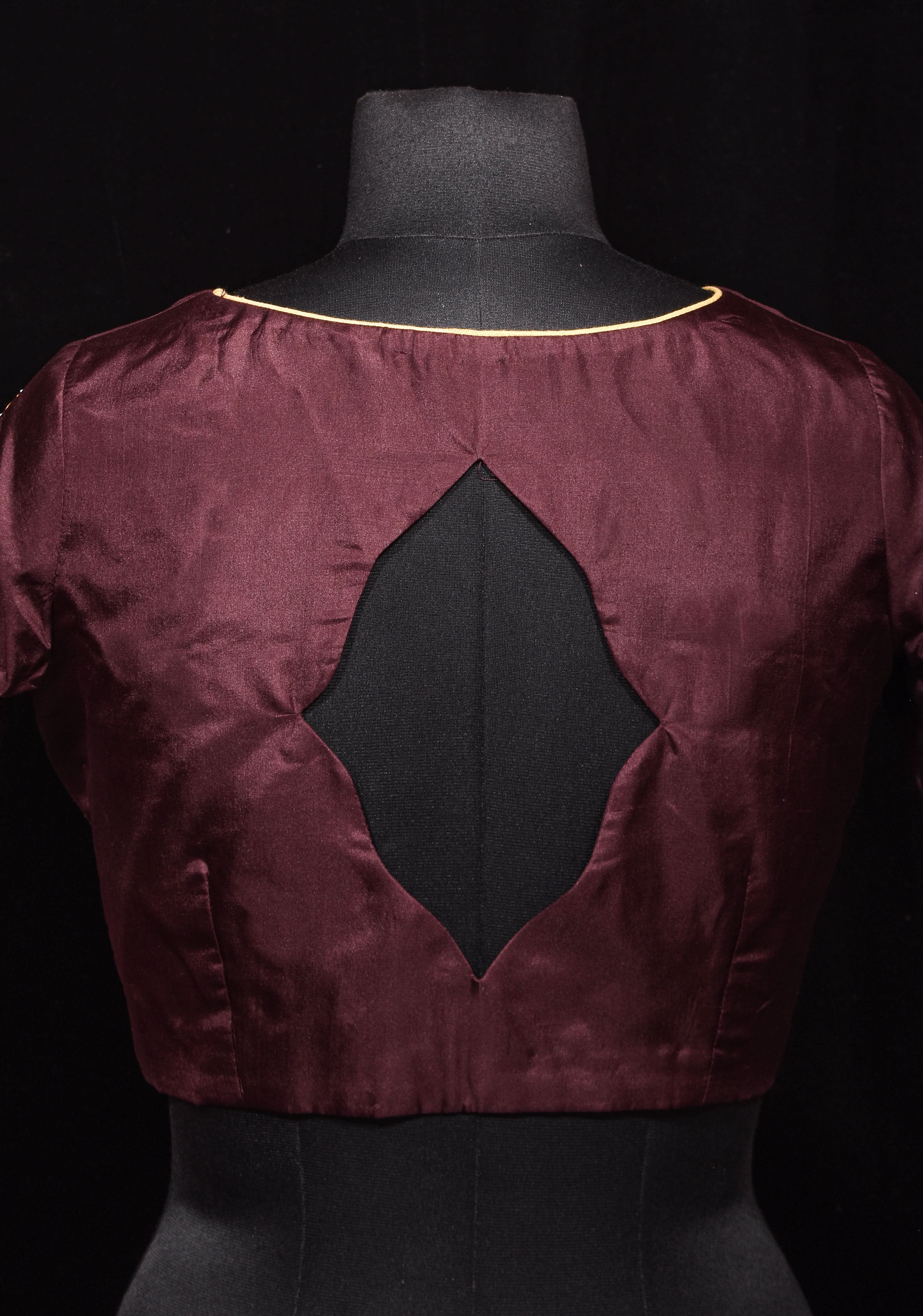 Brown Pure Silk Blouse with 3D Tanjore Art Damansk Motif on Sleeves and Arch Cutout back, Color Customization available, made to order | Shobitam