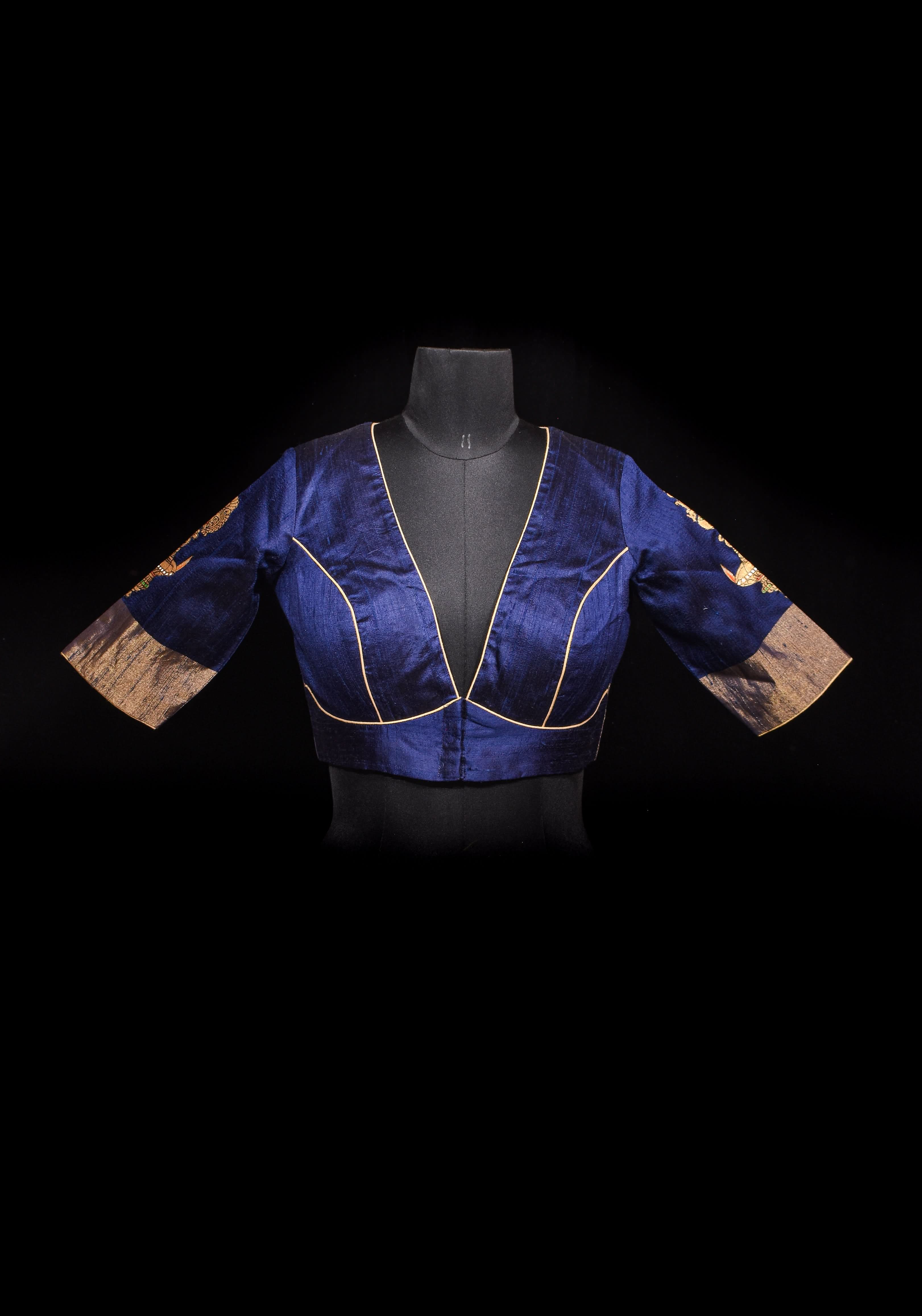 Lamp Handpainting on pure Raw Silk Navy Blue Blouse with Tissue Borders and Potli detailing, Customizable, made to order | Shobitam