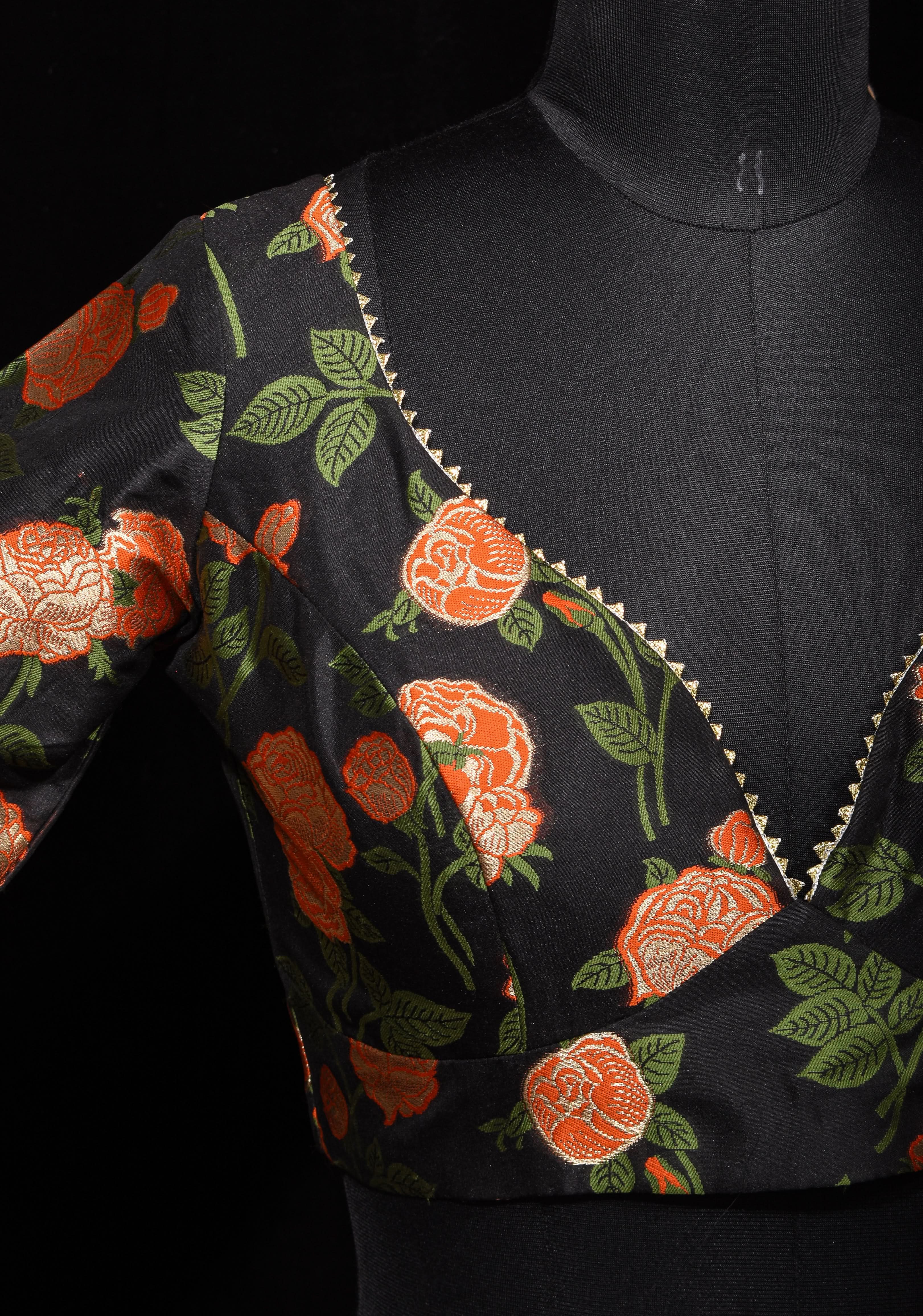 Black Banarasi Meenakari Plunge Neck Blouse with Gotta Detailing, customizable, made-to-order | Shobitam