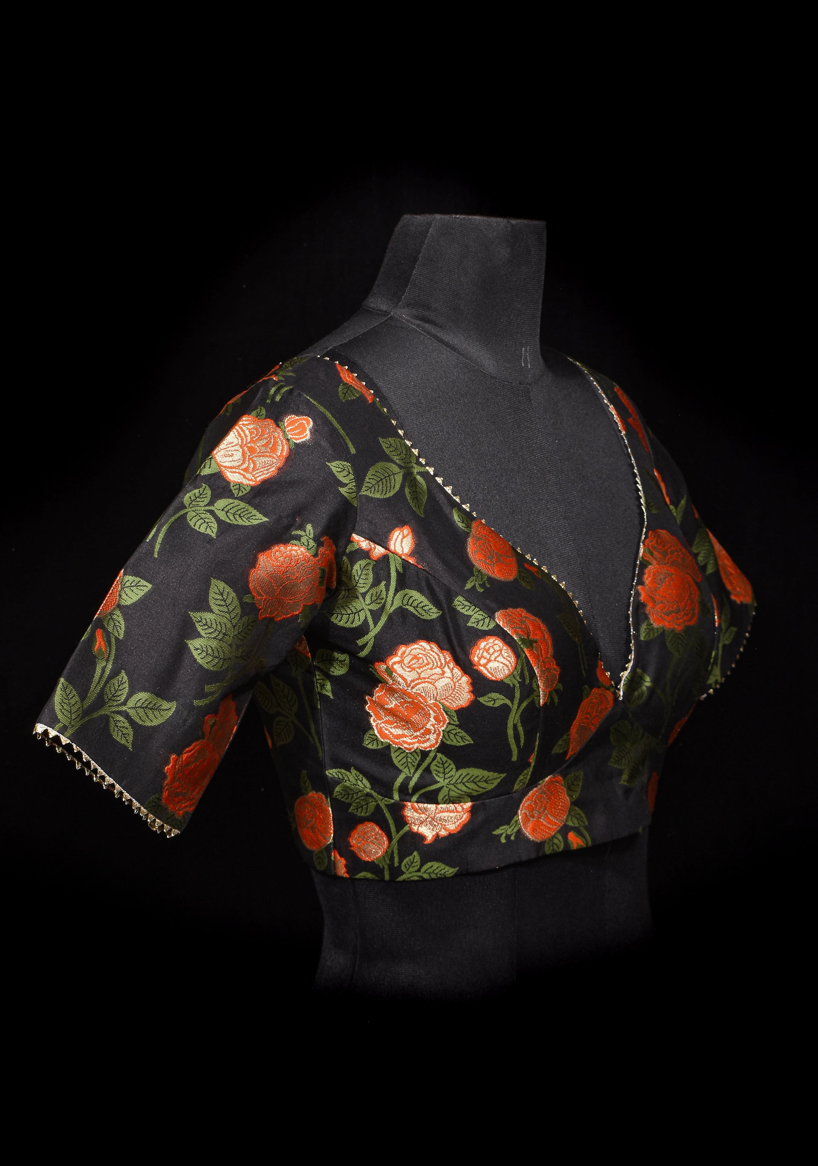 Black Banarasi Meenakari Plunge Neck Blouse with Gotta Detailing, customizable, made-to-order | Shobitam