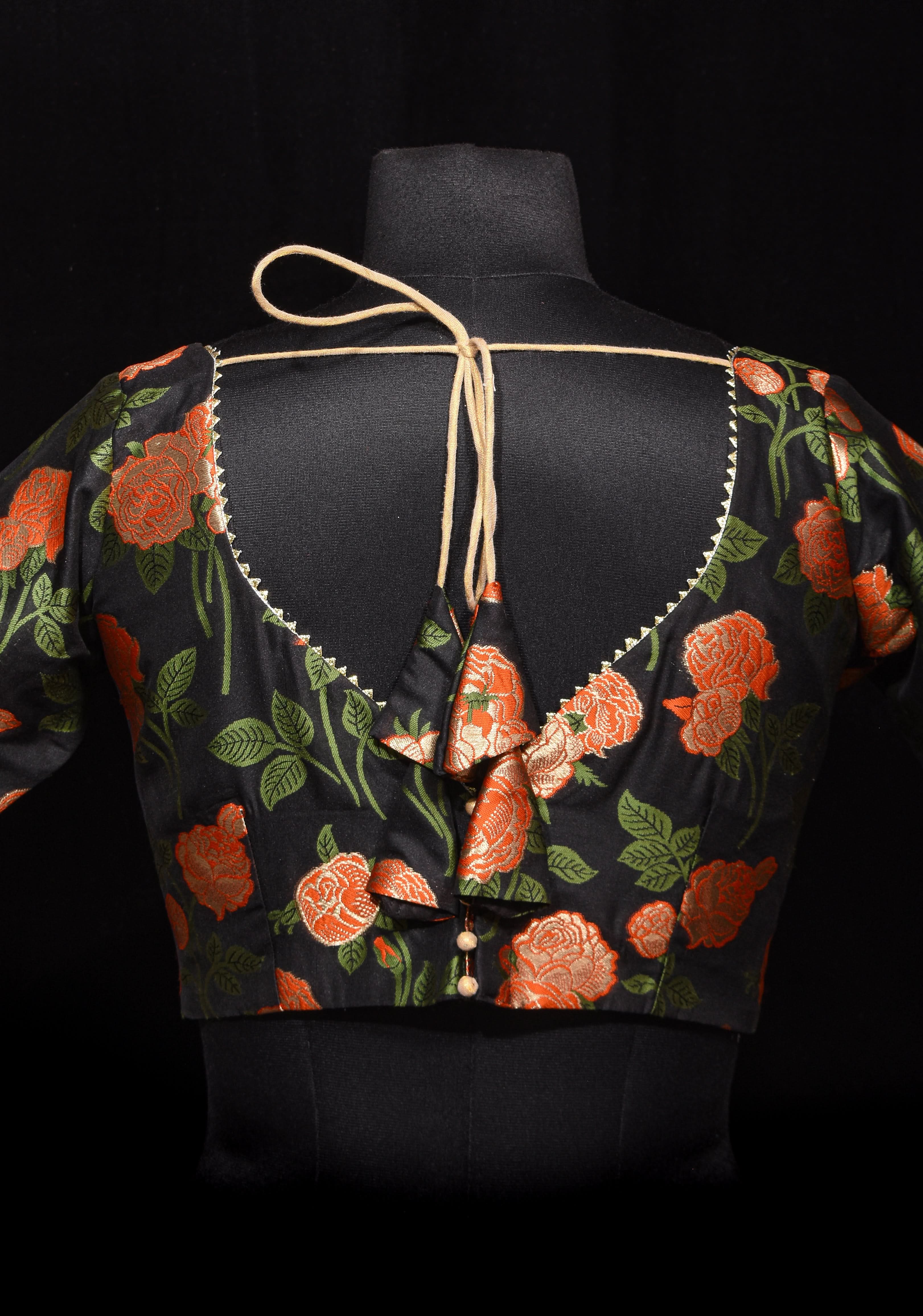 Black Banarasi Meenakari Plunge Neck Blouse with Gotta Detailing, customizable, made-to-order | Shobitam