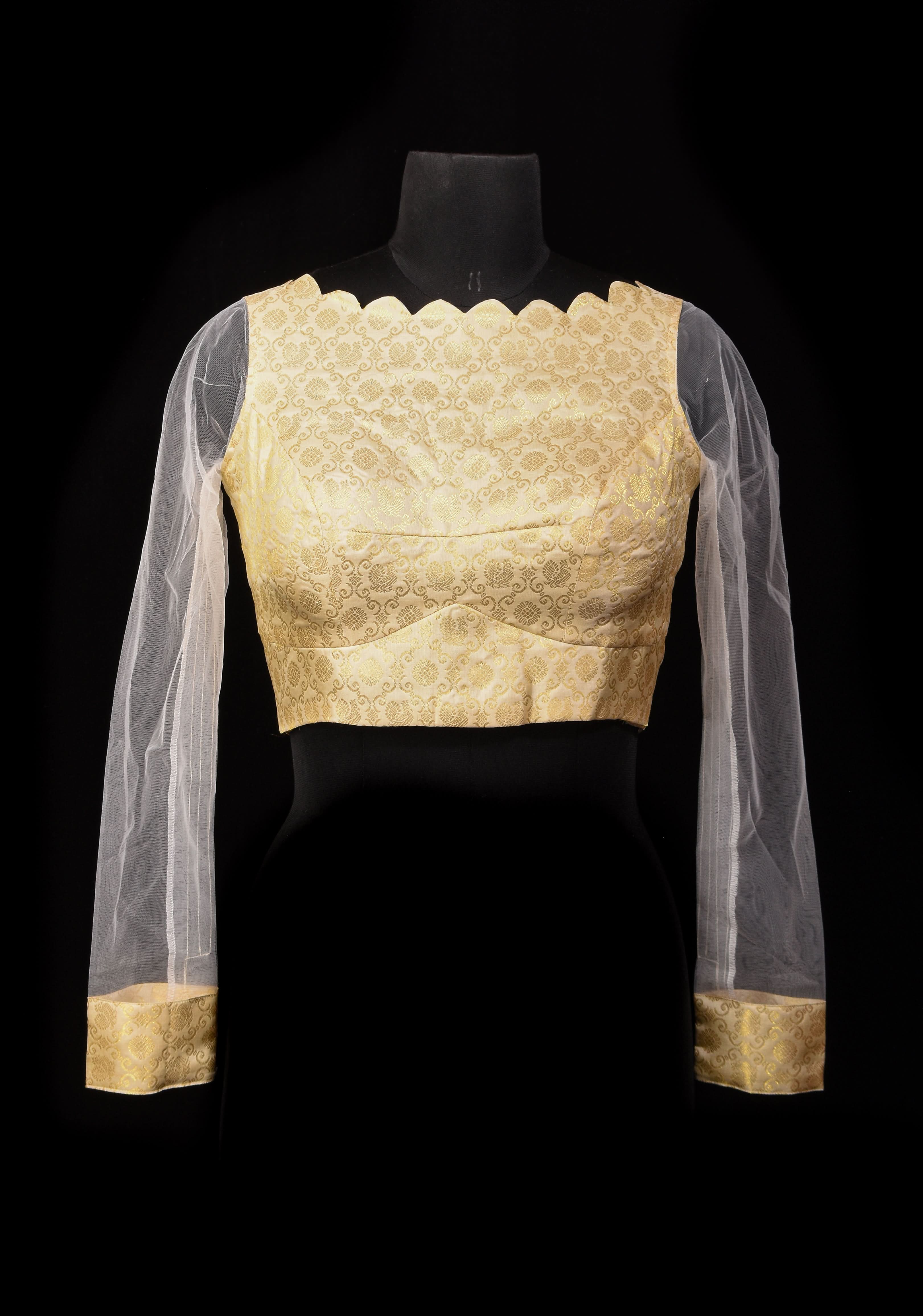 Ivory Kanjivaram Brocade Pure Silk Blouse with Scalloped Neckline and Sheer Sleeves, customizable, made-to-order | Shobitam