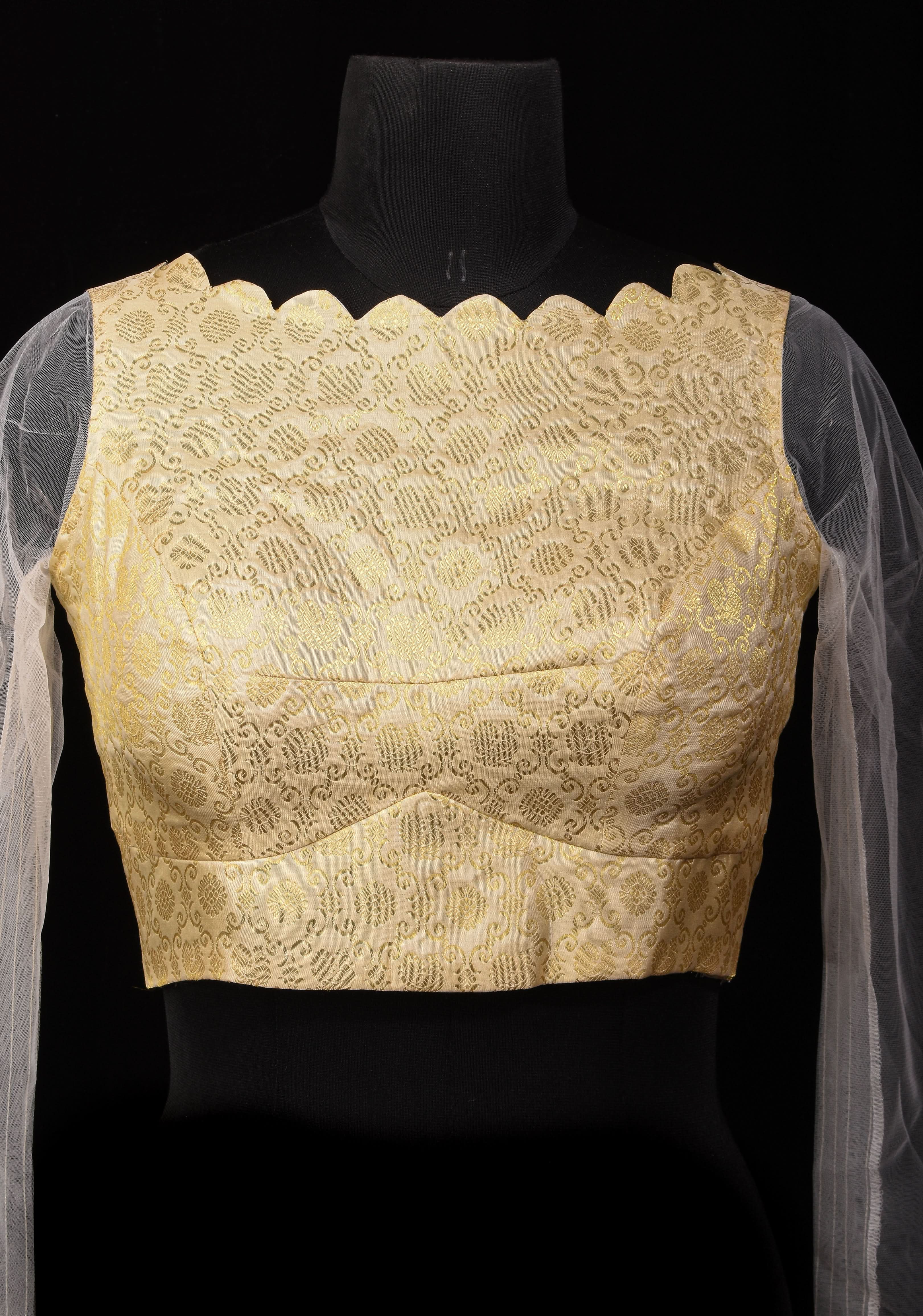 Ivory Kanjivaram Brocade Pure Silk Blouse with Scalloped Neckline and Sheer Sleeves, customizable, made-to-order | Shobitam