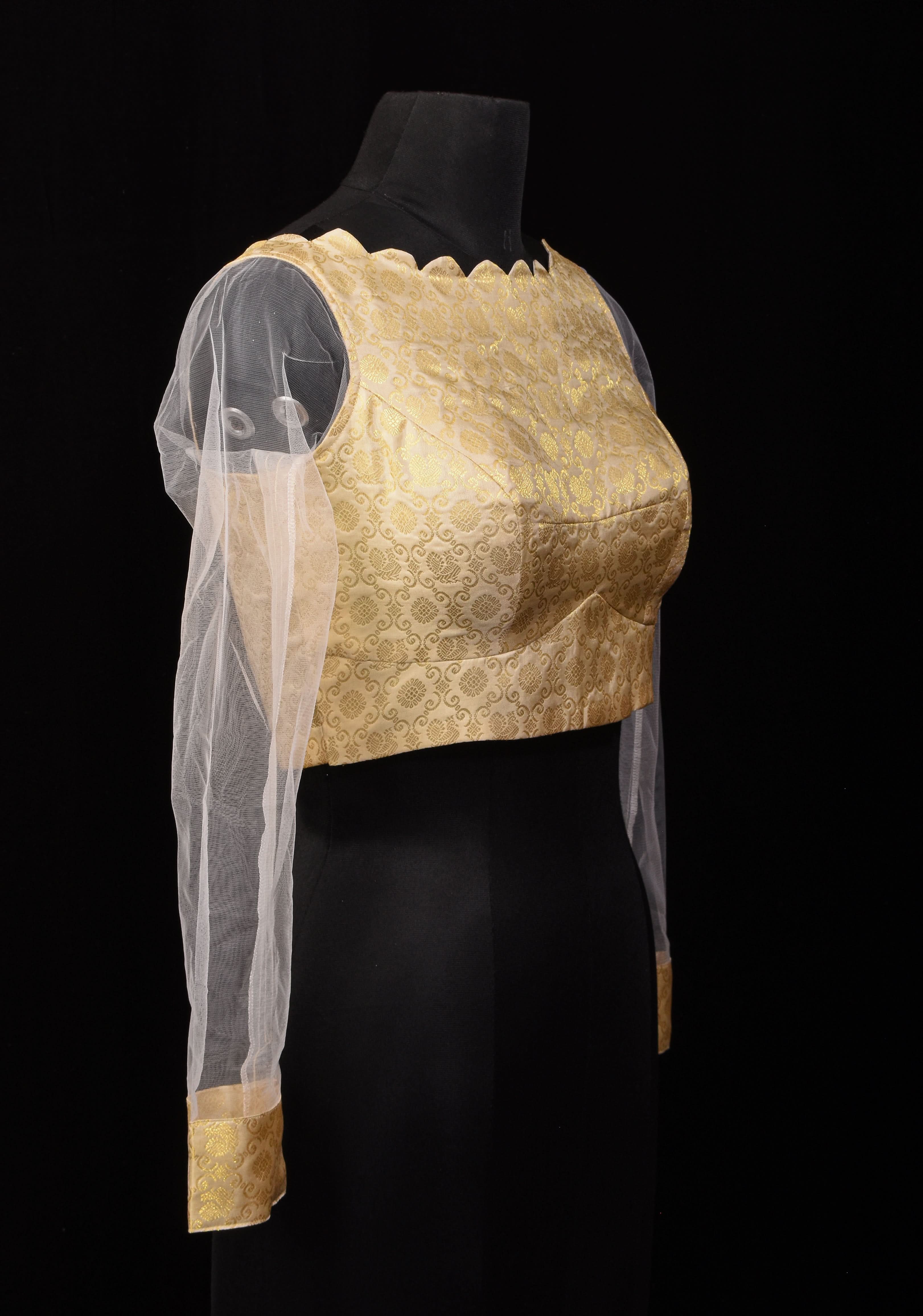 Ivory Kanjivaram Brocade Pure Silk Blouse with Scalloped Neckline and Sheer Sleeves, customizable, made-to-order | Shobitam