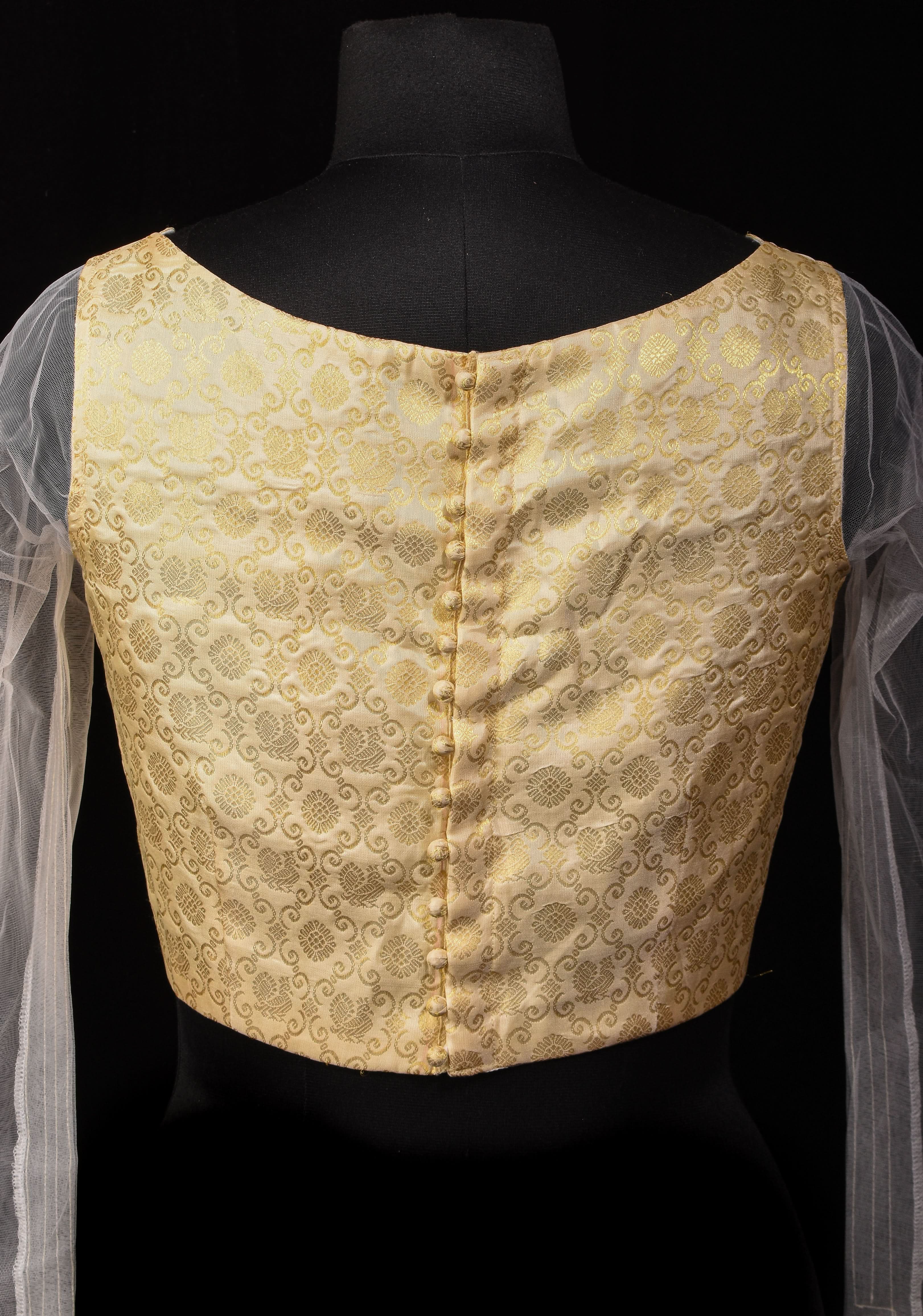 Ivory Kanjivaram Brocade Pure Silk Blouse with Scalloped Neckline and Sheer Sleeves, customizable, made-to-order | Shobitam