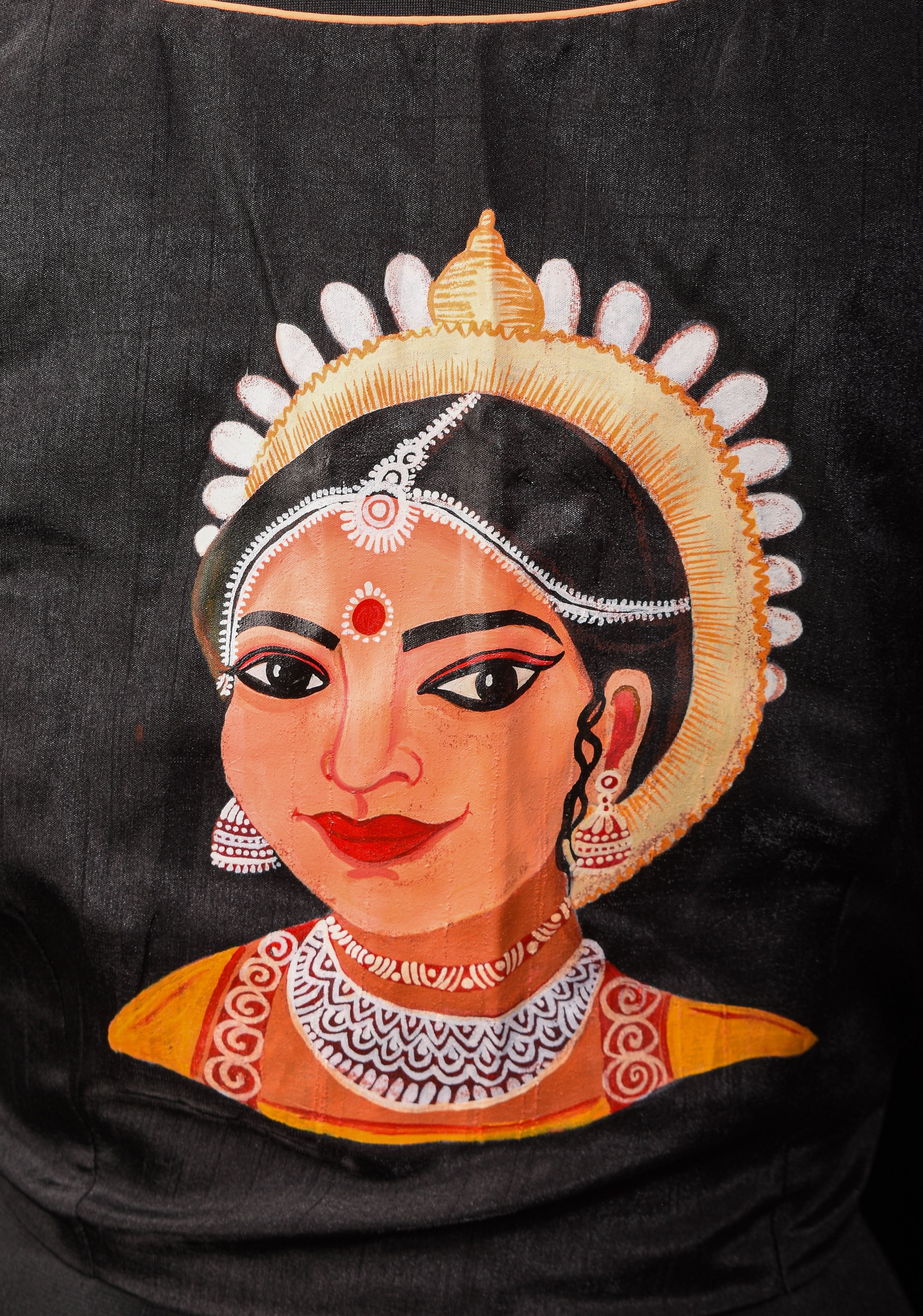 Size 40: Odishi Dancer Face Handpainting on Black Blouse | Shobitam