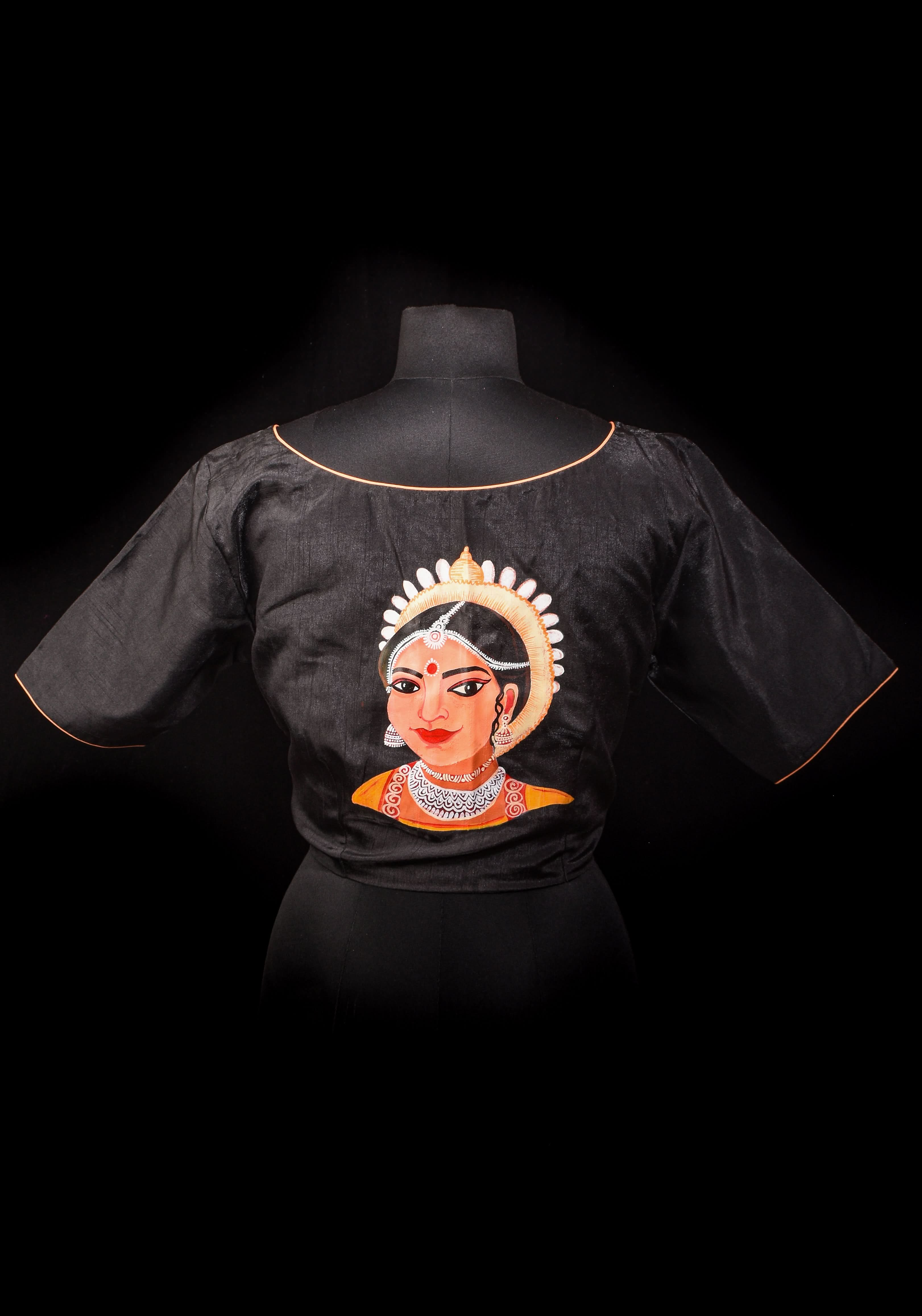 Size 40: Odishi Dancer Face Handpainting on Black Blouse | Shobitam