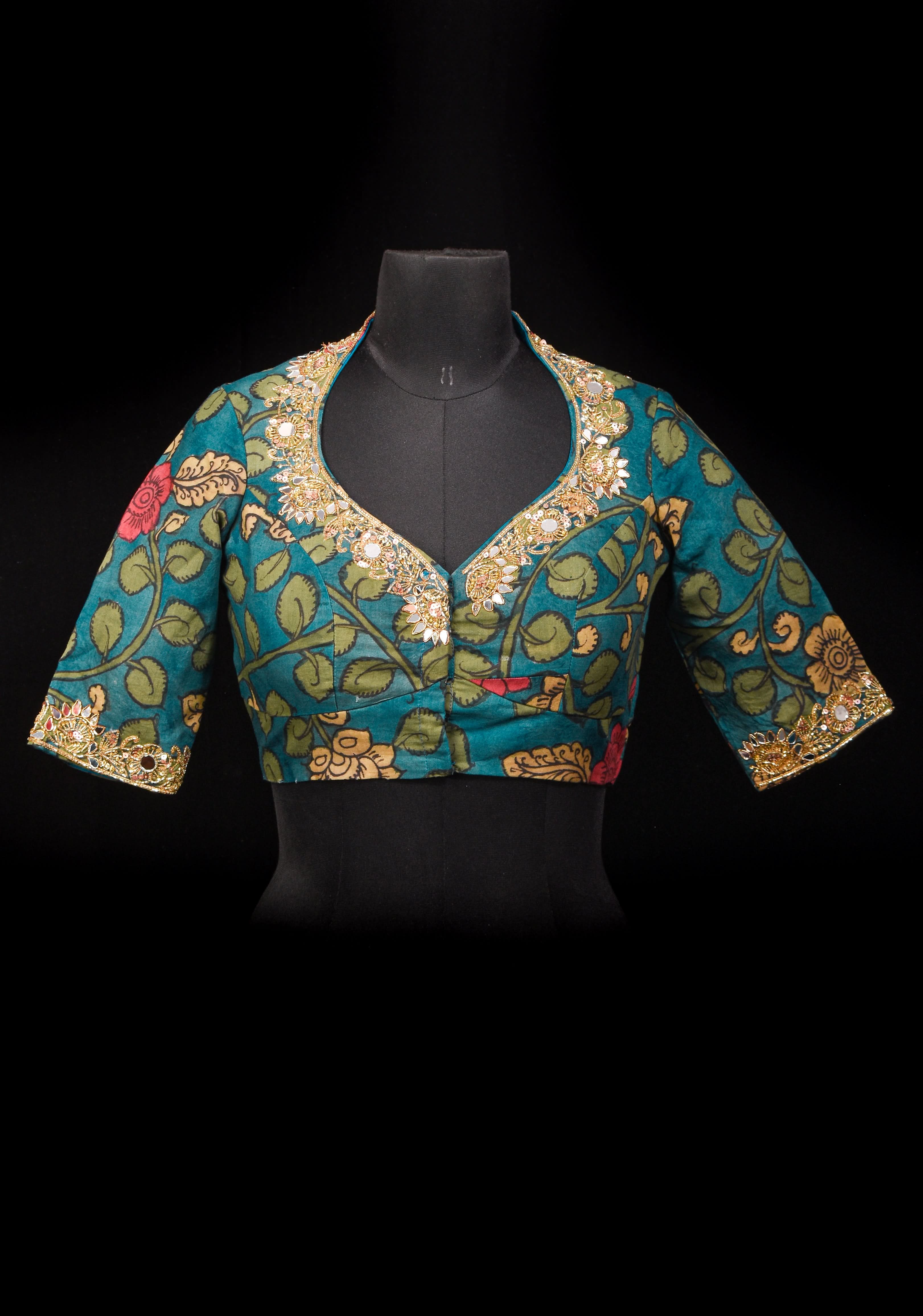 Teal Floral Authentic Pen Kalamkari Blouse with extensive Cutdana and Mirror work detailing, Customizable, Made To Order | Shobitam